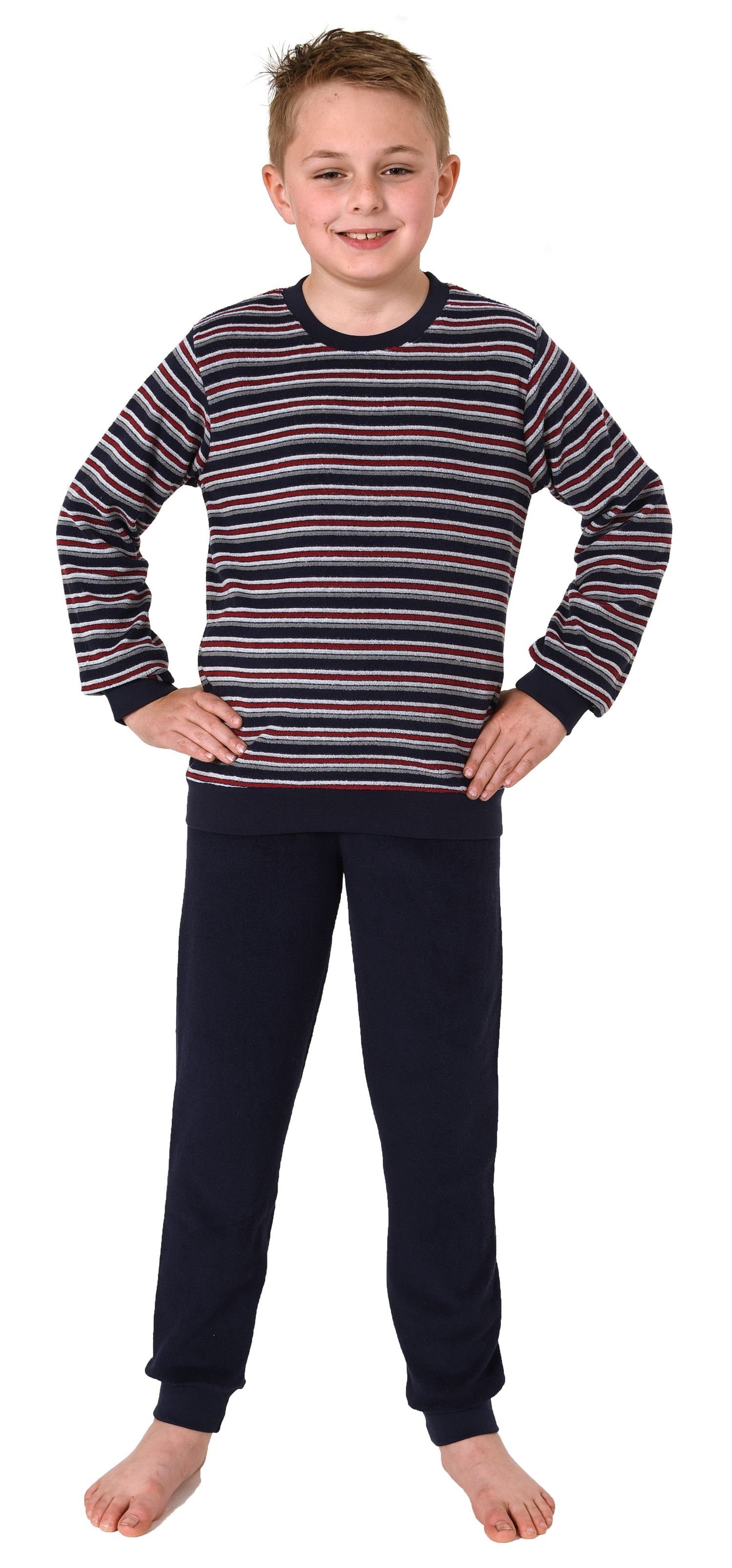 Normann Pyjama Jungen Frottee Schlafanzug langarm mit Bündchen in Streifenoptik marine