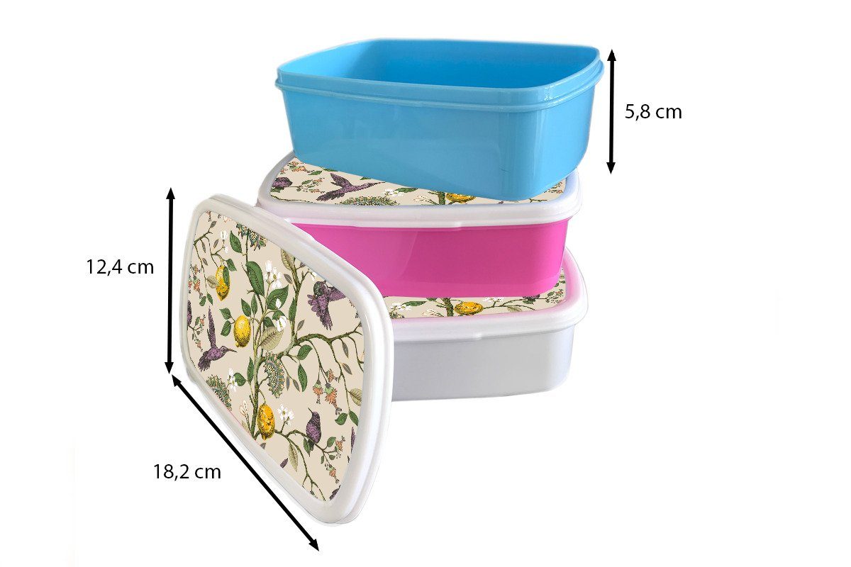 Erwachsene, - - rosa Brotdose Lunchbox für Kunststoff, - Kinder, Mädchen, Snackbox, (2-tlg), Obst, Vogel Pflanzen MuchoWow Kunststoff Muster Brotbox