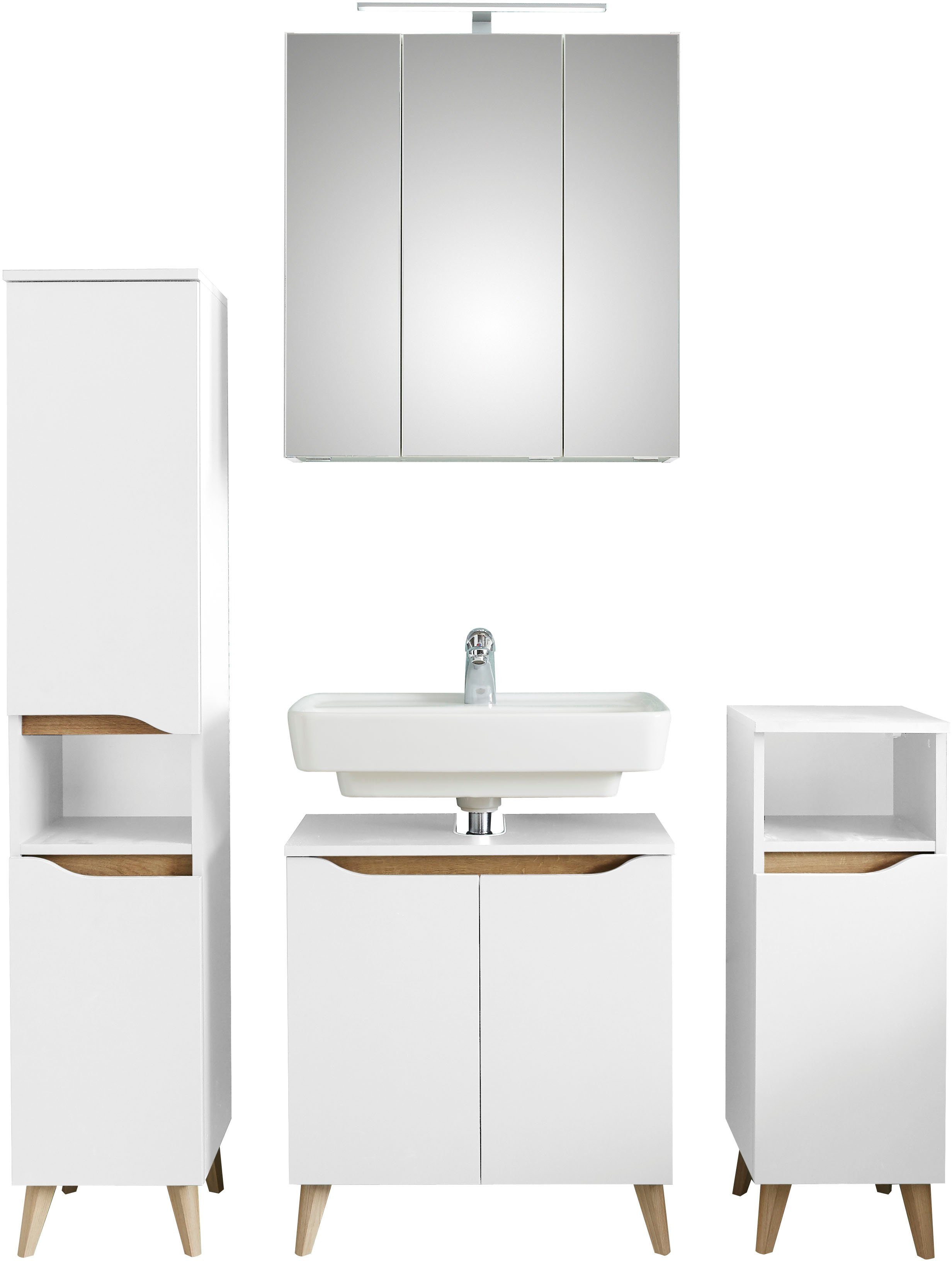 Badmöbel-Set Quickset 4-teilig, Waschbeckenunterschrank mit LED-Spiegelschrank