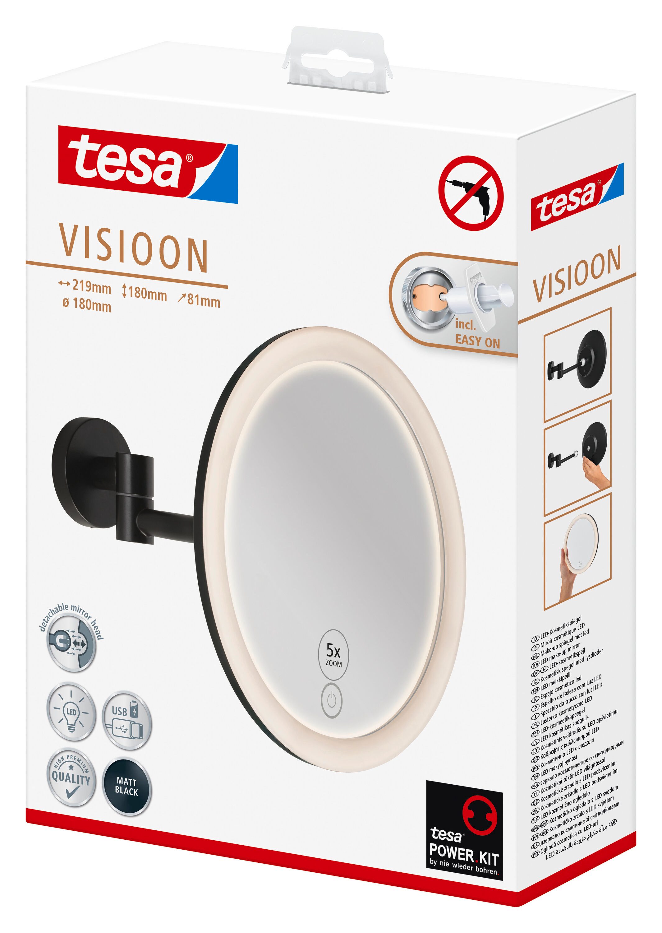 tesa Schminkspiegel Visioon Kosmetikspiegel mit Beleuchtung, Montage ohne Bohren, Schwarz (Komplett-Set, 1-St., Power.Kit Klebelösung, Make-Up-Spiegel mit Schwenkarm, USB-C-Ladekabel), Wandspiegel mit dimmbaren LEDs, 5-fach Vergrößerung, Touch-Bedienung