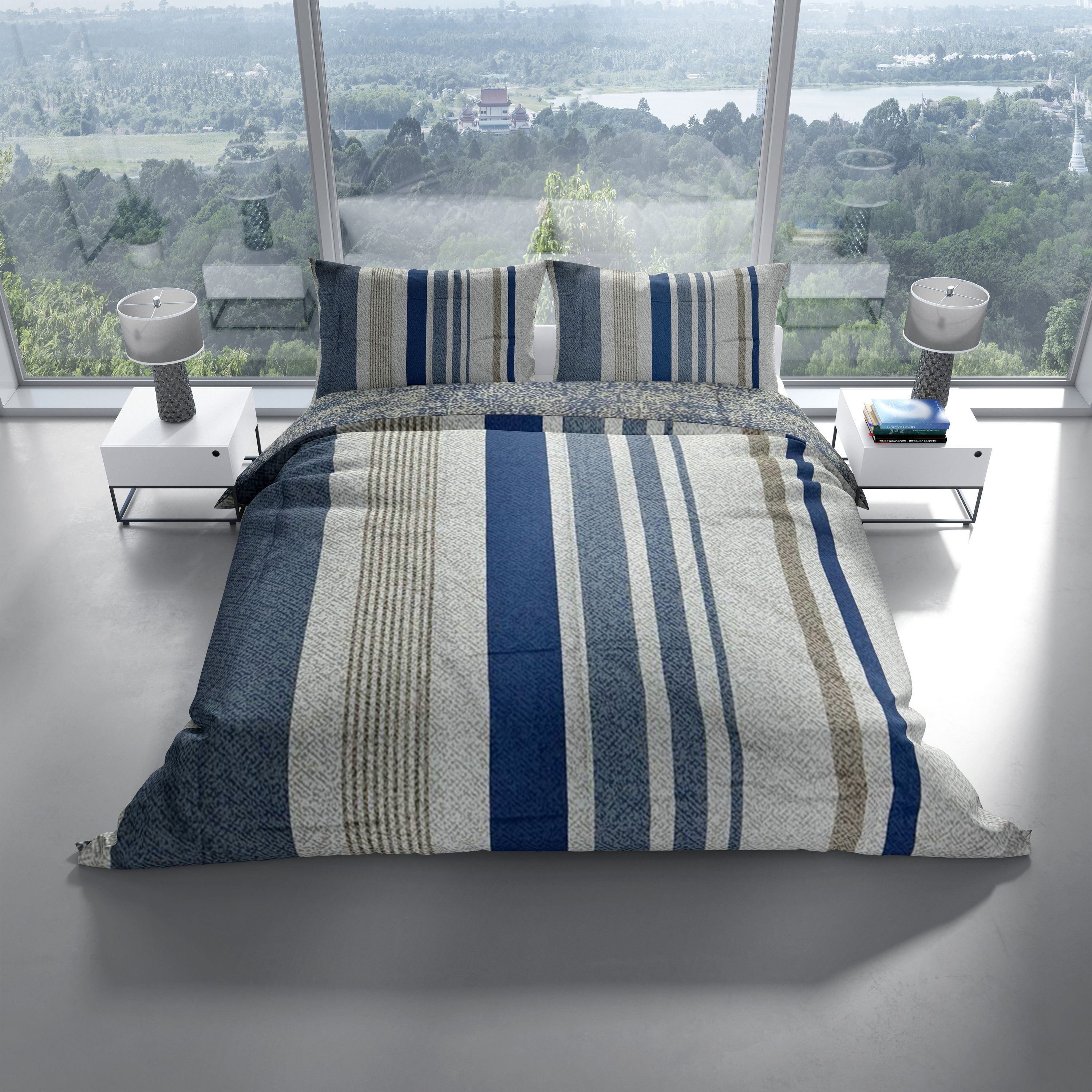 Leonado Vicenti Bettwäsche Allergiker geeignet 135x200 cm, Microfaser, 2 teilig, Gestreift, Meliert Blau Beige