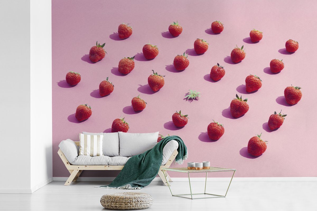 Wohnzimmer, St), (6 für Matt, - Rosa Obst, bedruckt, Fototapete - Wallpaper Vinyl Kinderzimmer, Schlafzimmer, MuchoWow Erdbeere Tapete