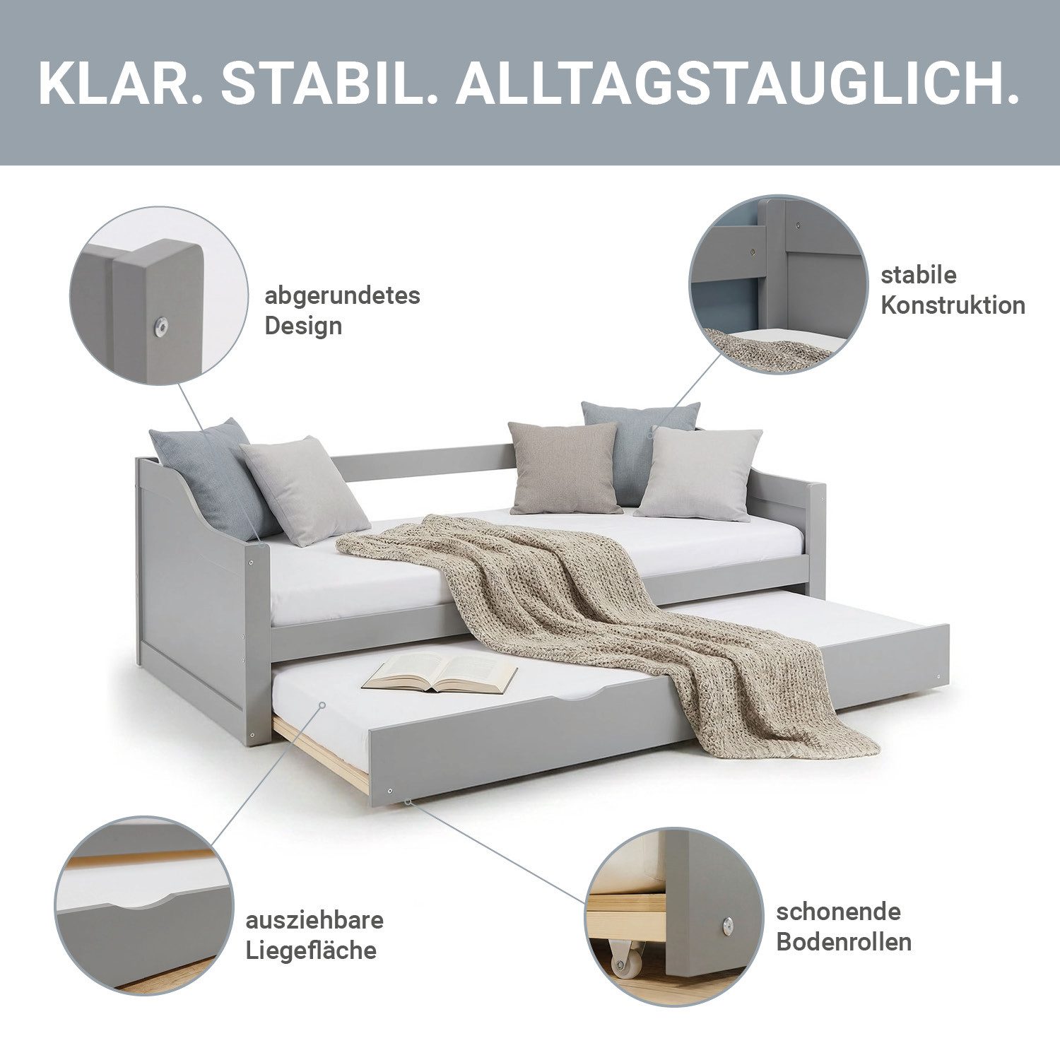Homestyle4u Ausziehbett 90x200 Holz Gästebett mit Ausziehfunktion 2 Liegeflächen Doppelbett (Set mit 2x Lattenrost), 1x 90x200, 1x90x190, 2 Personen/Kinder, Stauraumbett, ausziehbar