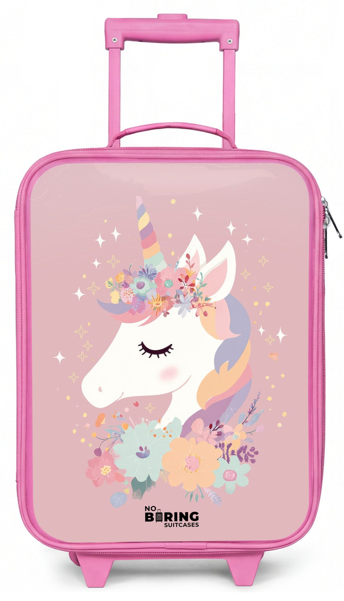 NoBoringSuitcases.com© Kinderkoffer Rosa - mit leuchtende Räder - Einhorn - Rosa - Blumen, 2 Rollen, Handgepäck-Koffer, Kinderkoffer, Reisekoffer Mädchen