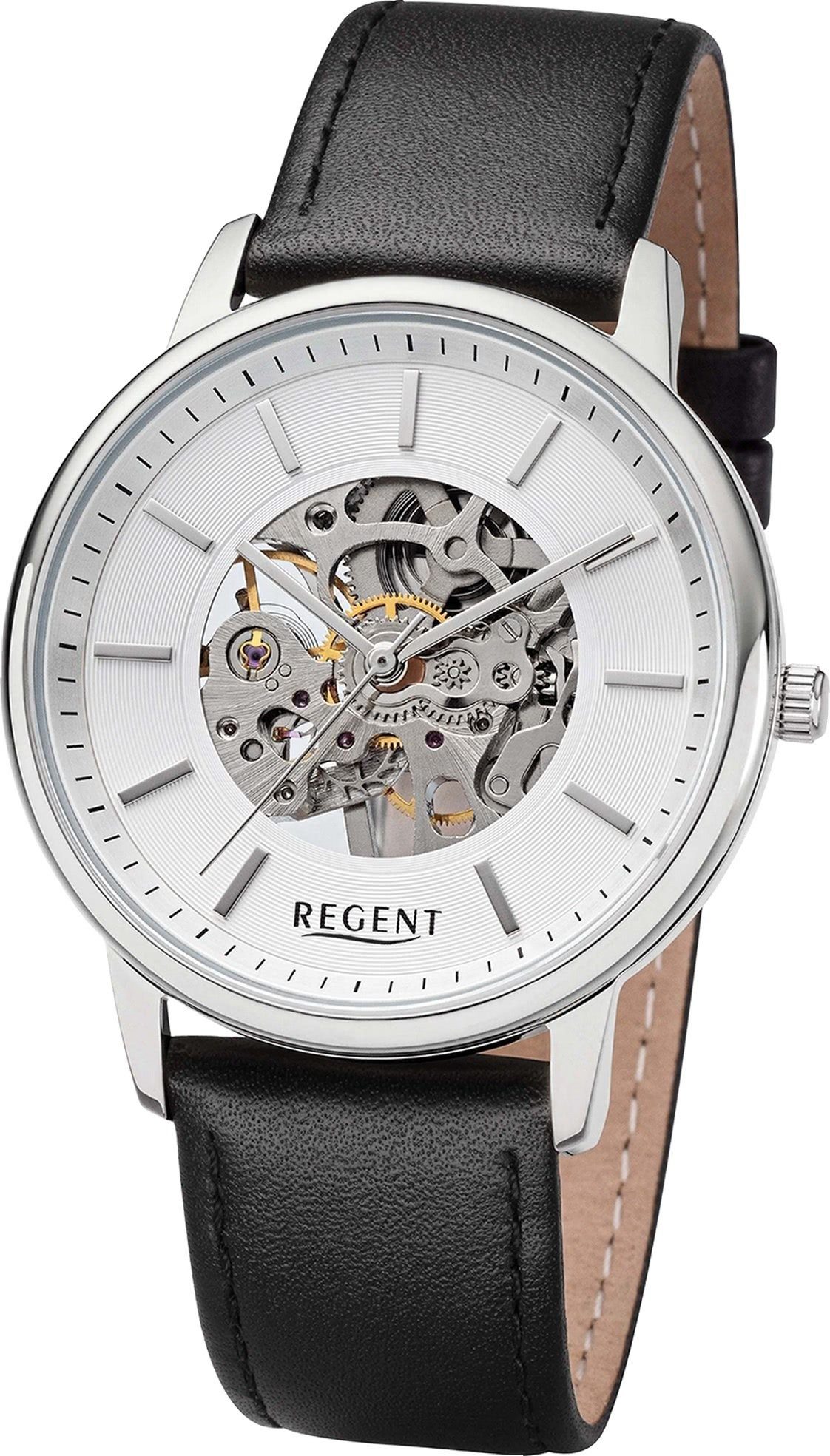 Regent Quarzuhr Regent Herren schwarz, Armbanduhr rundes Lederarmband extra Gehäuse, Analog, (ca. 40mm) Herrenuhr groß