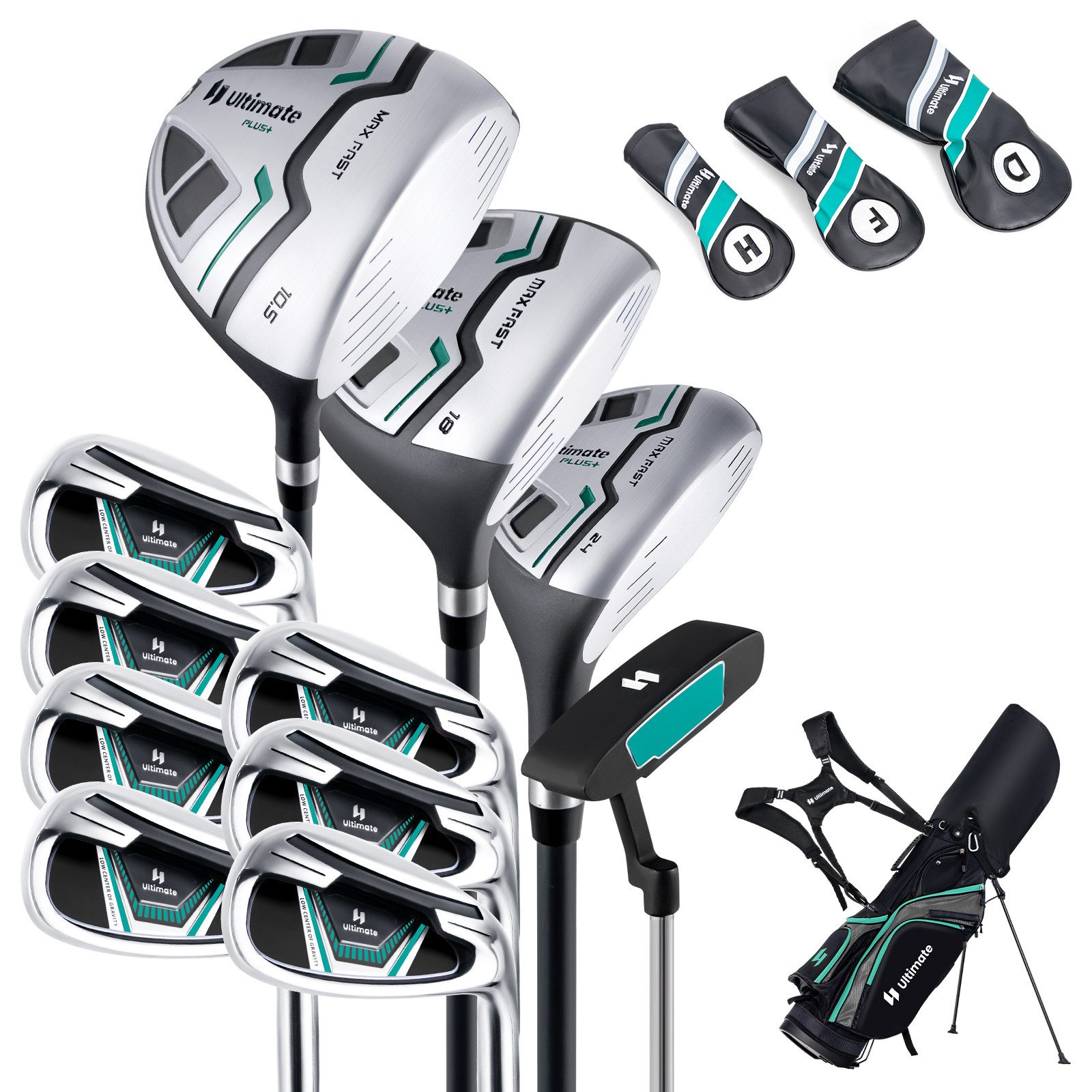 COSTWAY Golfschläger + Golfbag, 11-tlg., Golfschläger Komplettset für rechtshändig, Herren