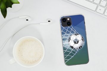 MuchoWow Handyhülle Eine Illustration eines Fußballs im Netz - Jungen - Mädchen - Kinder, Handyhülle Apple iPhone 13, Smartphone-Bumper, Print, Handy