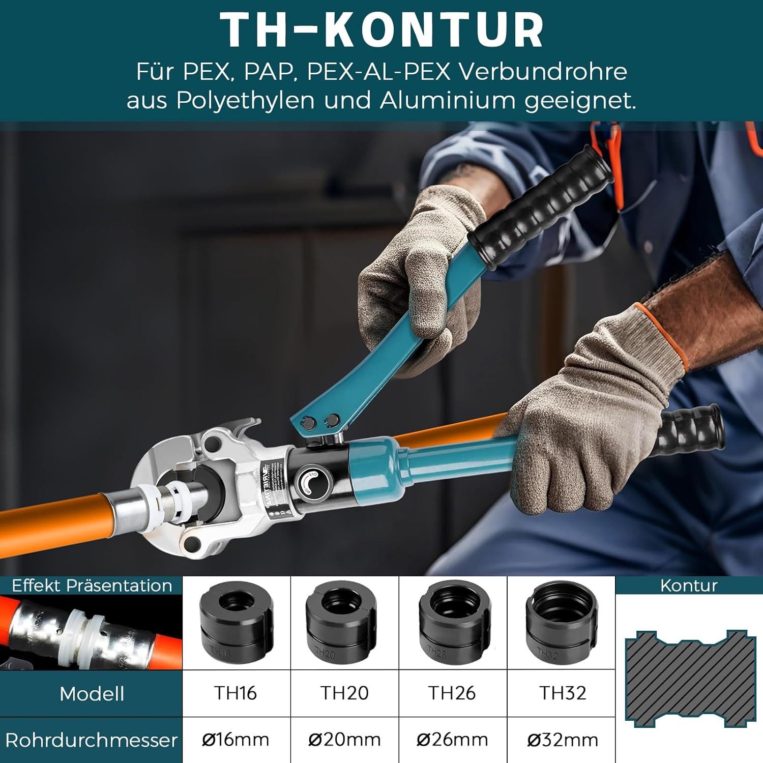 XERSEK Rohrzange Hydraulische Presszange TH-Kontur Rohrpresszange Crimpzange, Presswerkzeug Handpresszange TH16 TH20 TH26 TH32, Backeneinsätze mit Rohrabschneider, für Kupferrohr Und Verbundrohr