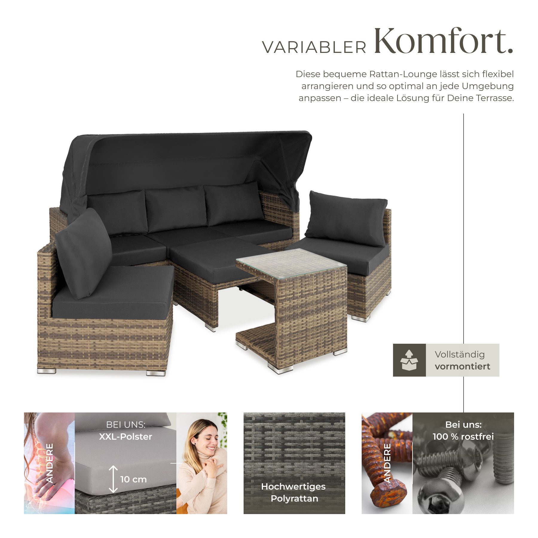 tectake Loungeset Rattan Lounge, (Set., 7-tlg), Klappbarer Sonnenschutz
