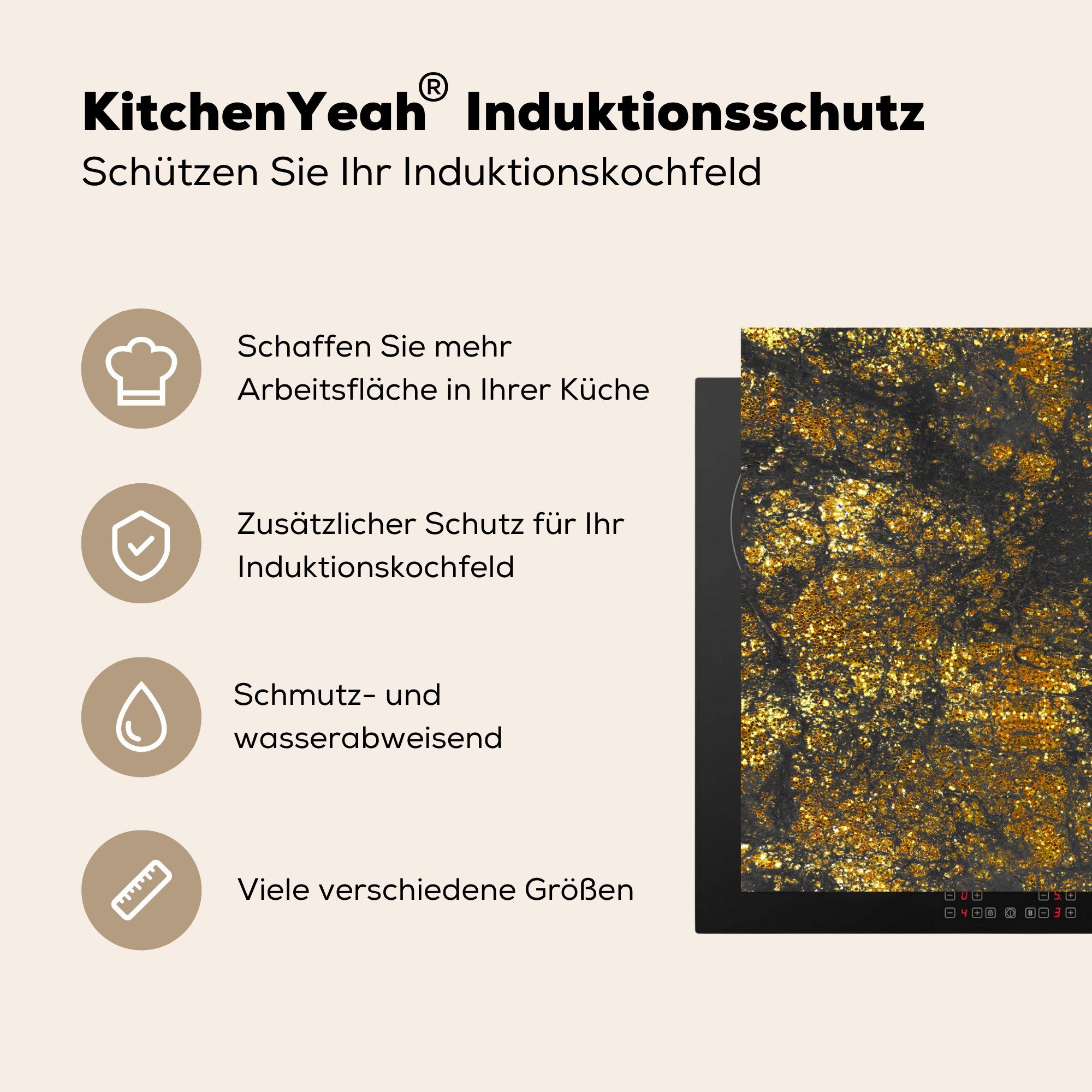 78x78 - Vinyl, küche für Marmor cm, MuchoWow Herdblende-/Abdeckplatte Glitter tlg), (1 - Schwarz, - Gold Ceranfeldabdeckung, Arbeitsplatte