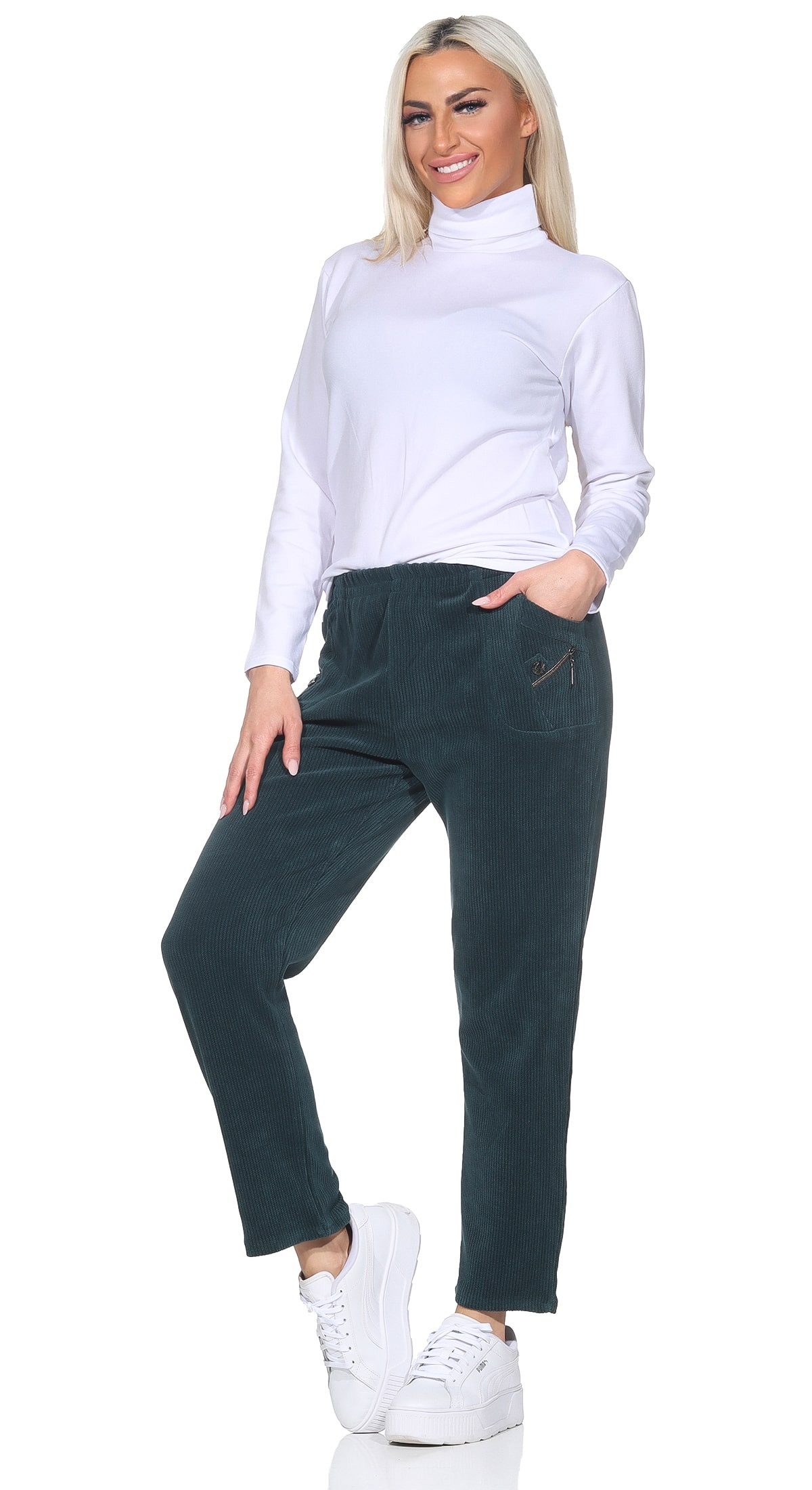Cherry Berry Cordhose Damen Cordhose Kurzgröße Stoffhose bqueme Schlupfhose Übergangshose Kurzgröße, elastischer Bund, Unifarben