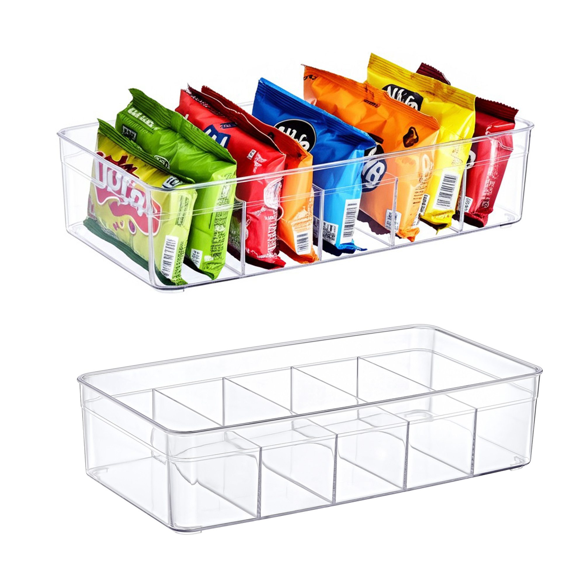 ogoPLUS Aufbewahrungssystem 2 Stück 5 Fächer Kühlschrank Organizer Größe M, Kunststoff BPA-Frei, (Lebensmittel aufbewahrungsbox, Stauraum für Schränke, Regale, Spülbecken, Kosmetik, Büromaterial, Gewürze, Snacks, Teebeutel), Transparent, stapelbar, für Kühlschrank, Bad & Vorratskammer