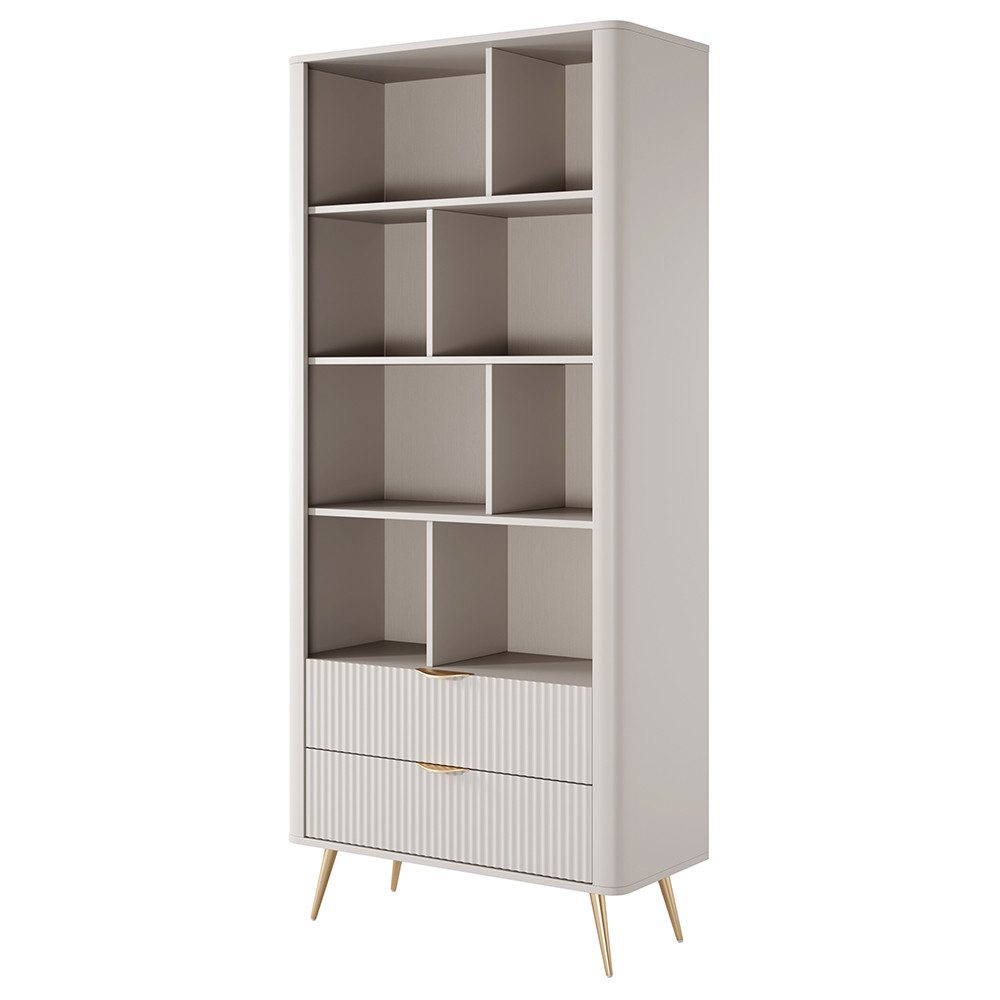 Lomadox Bücherregal LANGON-167, beige mit Rillenfront, 88,2 cm breit, 2 Schubladen & 8 offene Fächer