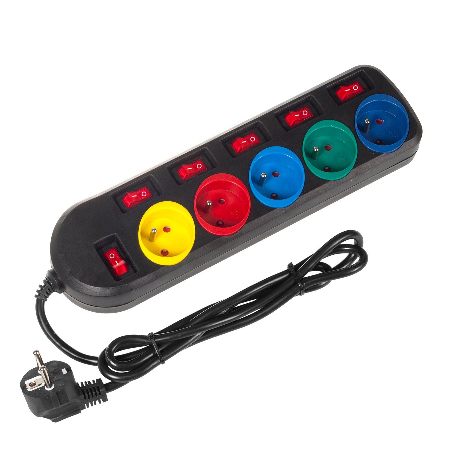 Maclean MCE204 Farbenfroh 5‑fach 1,5 m Kabel (Typ E) Steckdosenleiste 5-fach (Ein- / Ausschalter, separate Ein- / Ausschalter, Schalterbeleuchtung, Kindersicherung, Kabellänge 1.5 m), mit separaten Schaltern LED‑Beleuchtung