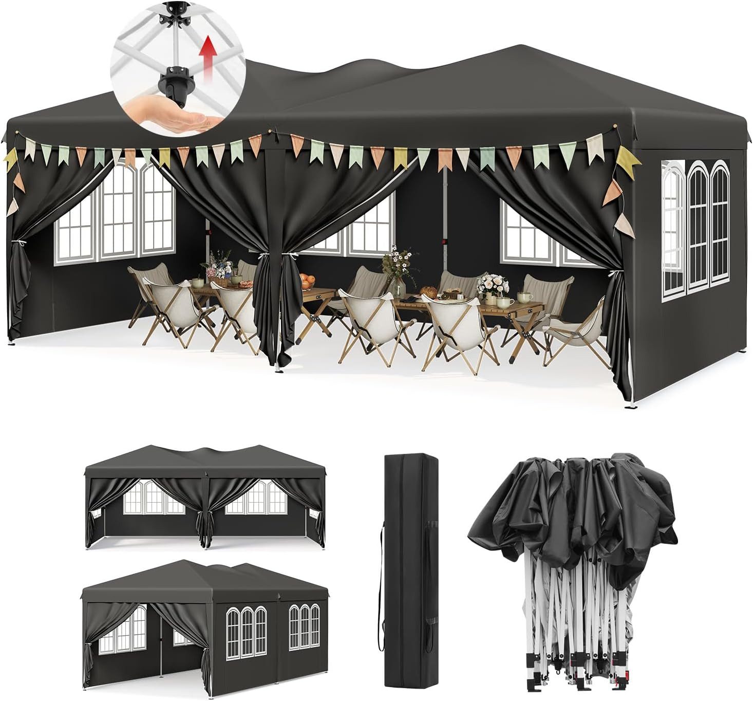 Woltu Faltpavillon, mit 6 Seitenteilen, 3x6 Pop Up Pavillon, höhenverstellbar mit Tragetasche