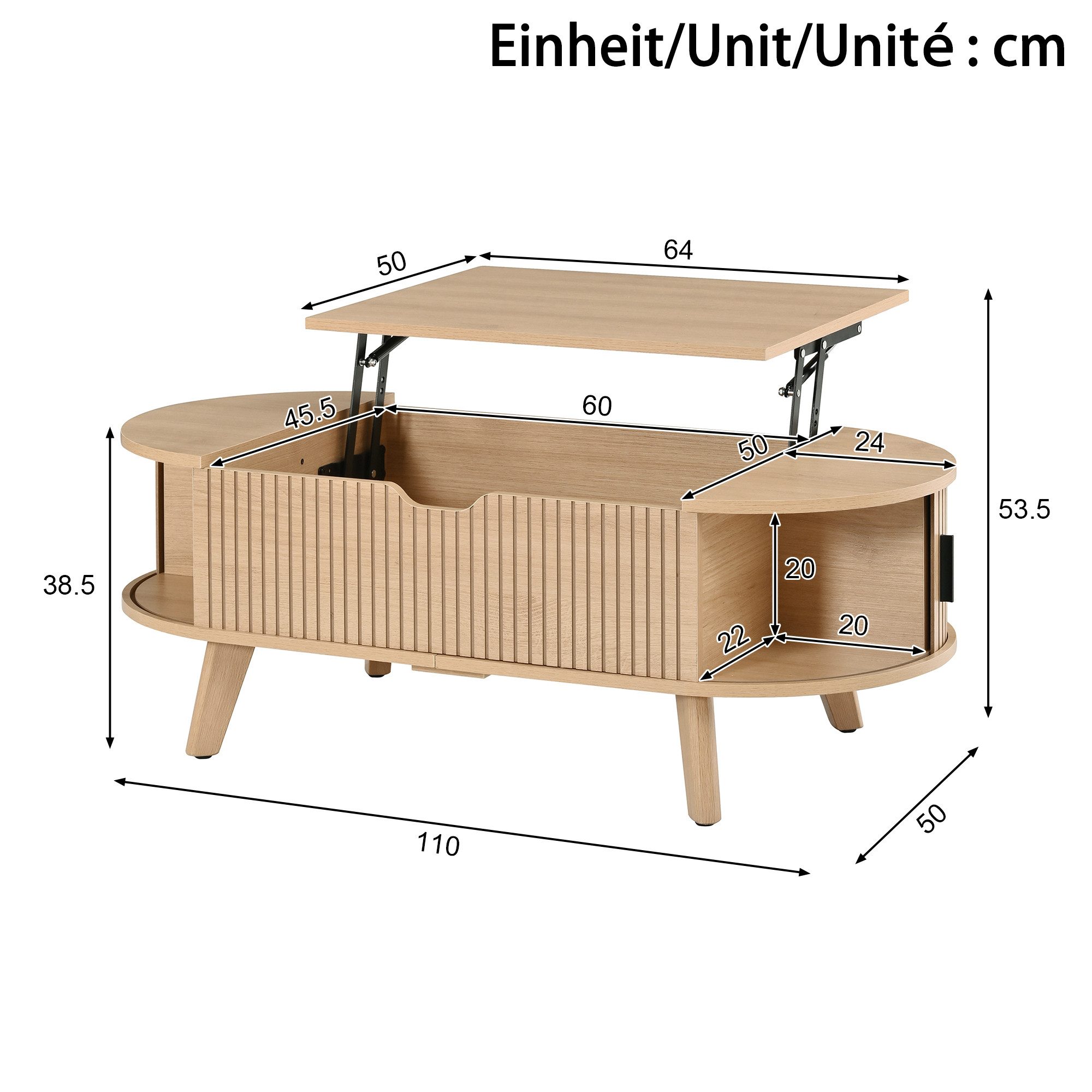 Merax Couchtisch ovaler Wohnzimmertisch Beistelltisch mit höhenverstellbarer Hubplatte (1-St., 110 x 50 x 53,5 cm), Sofatisch mit verstecktem Stauraum, 2 Schieb – Bild 5 von 5