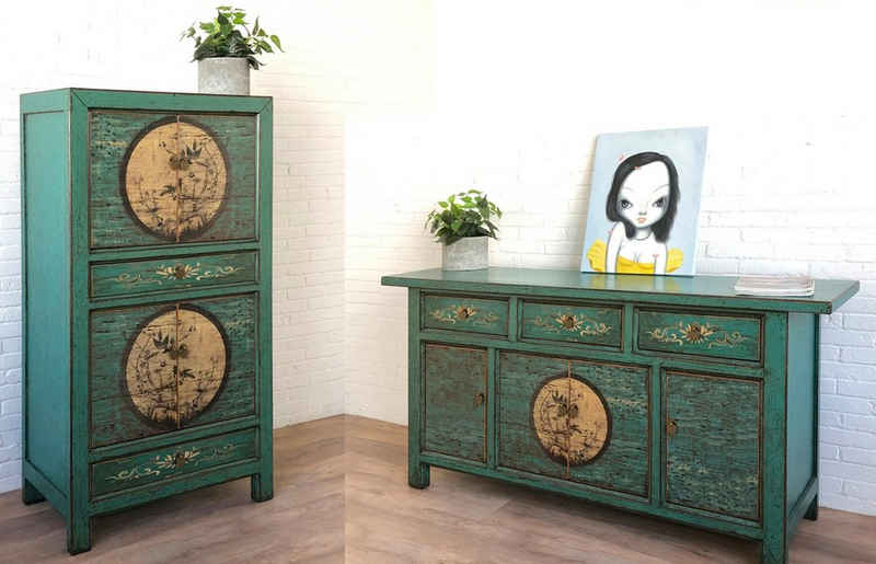 OPIUM OUTLET Wohnzimmer-Set »Aurora-2«, (2-er Set, Wohnzimmer-Set bestehend aus Sideboard und Schrank), Schrank Kommode Sideboard asiatisch chinesisch orientalisch smaragd-grün Vintage-Stil