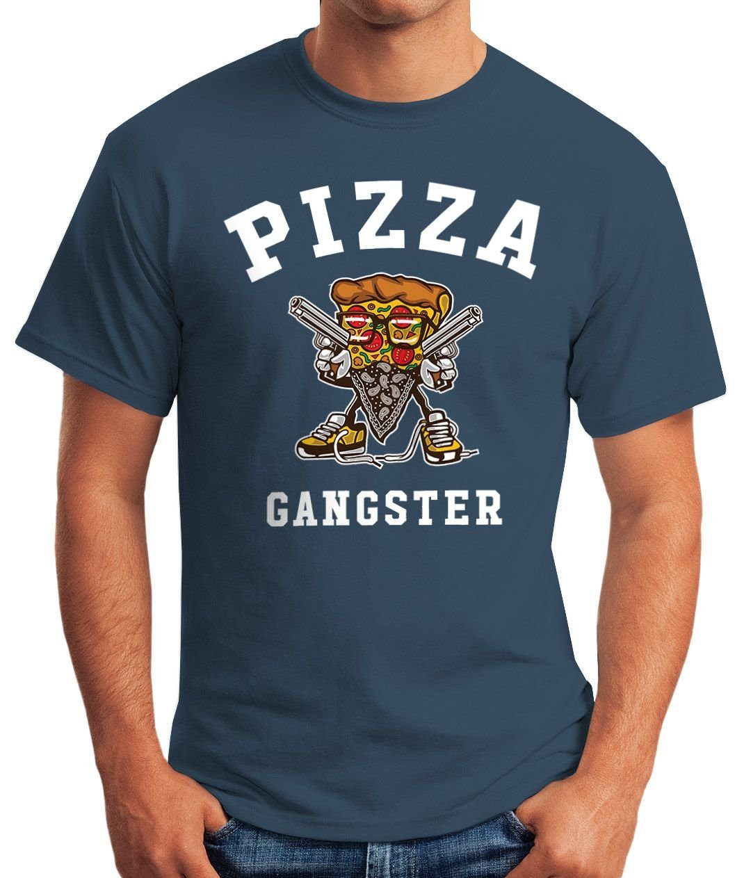 T-Shirt Gangster Fun-Shirt mit Pizza Herren Print Print-Shirt Moonworks® MoonWorks blau