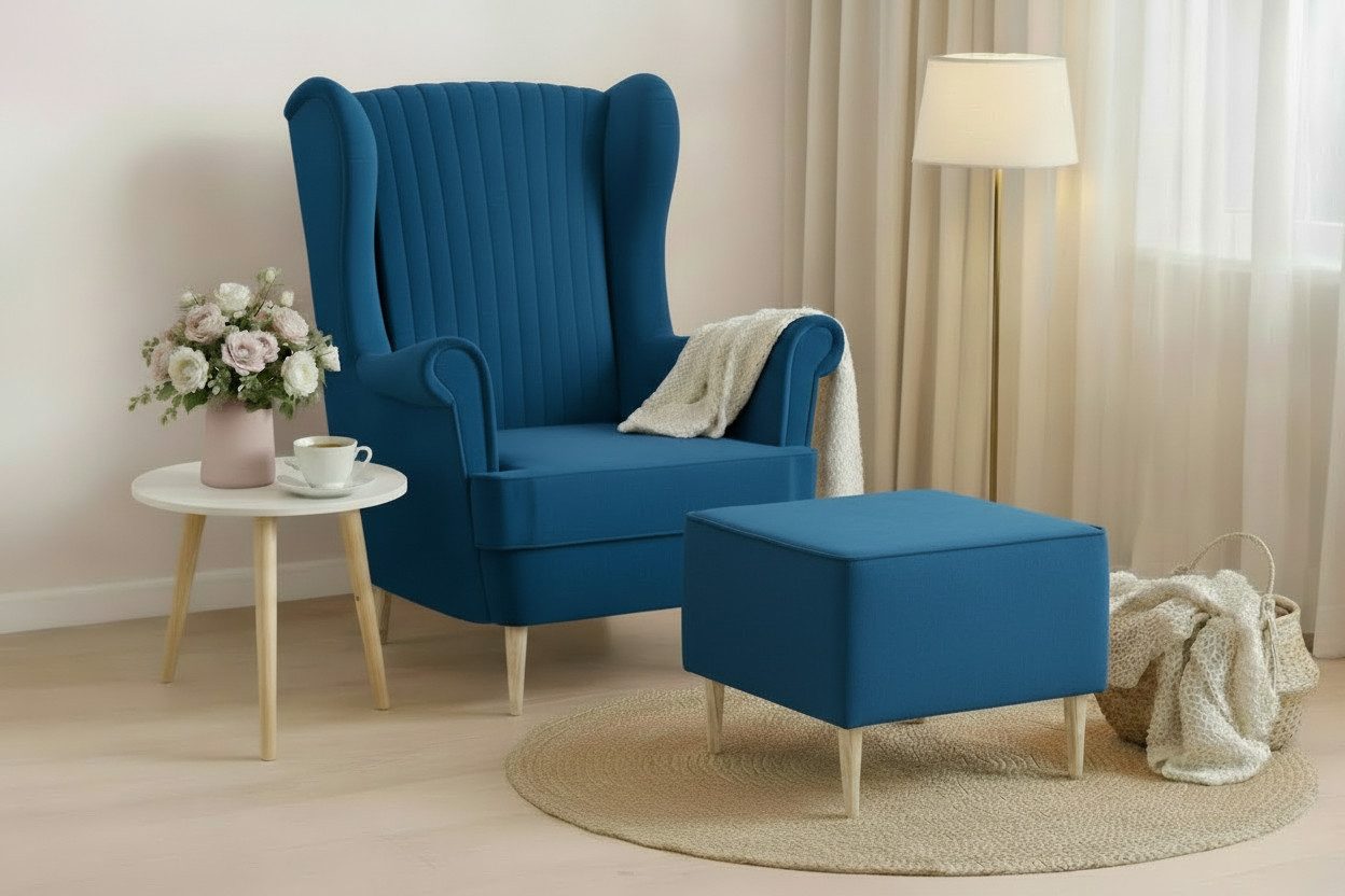 MOEBLO Ohrensessel COMFY SESSEL mit oder ohne Hocker (Samtstoff, optional mit Hocker, gepolstert, Loungesessel im modernen Design), Sessel mit optionalem Hocker