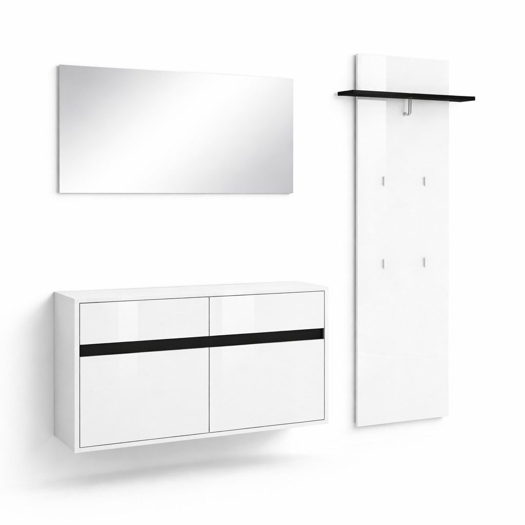 OTTO home Garderoben-Set Locco Flurmöbel, Dielenmöbel, Flurschrank, Flurgarderobe B: ca 150 cm, (3-St), UV-lackiert, Weiß Hochglanz, platz für ca. 12 Paar Schuh – Bild 4 von 5