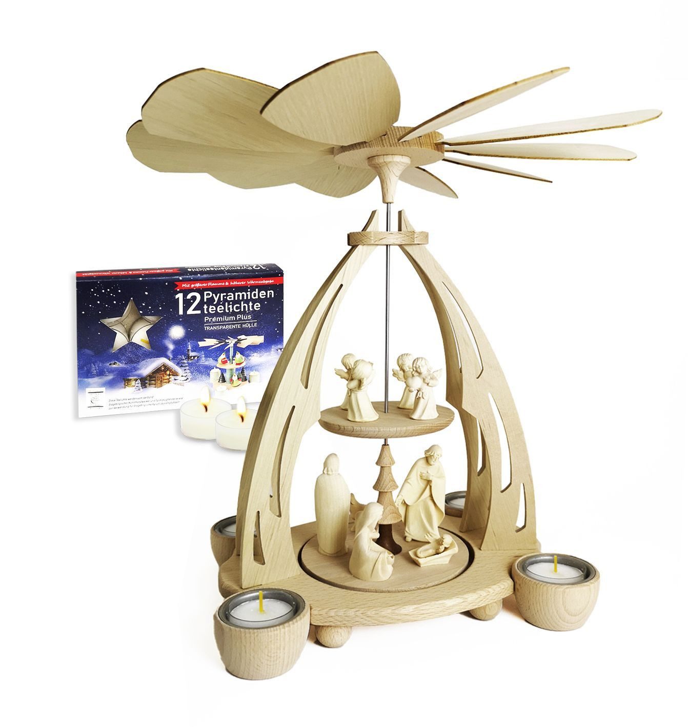 Dekoteam24 Weihnachtspyramide Holz-, Tisch-, Teelicht-, Weihnachts-, Pyramide - Heilige Familie