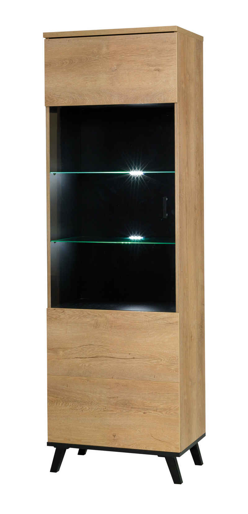 Beautysofa Vitrine Moderne elegante hohe LED-Beleuchtung Jenny 02 (Farbe: eiche lefkas + schwarz) B:61/H:191/T:40cm