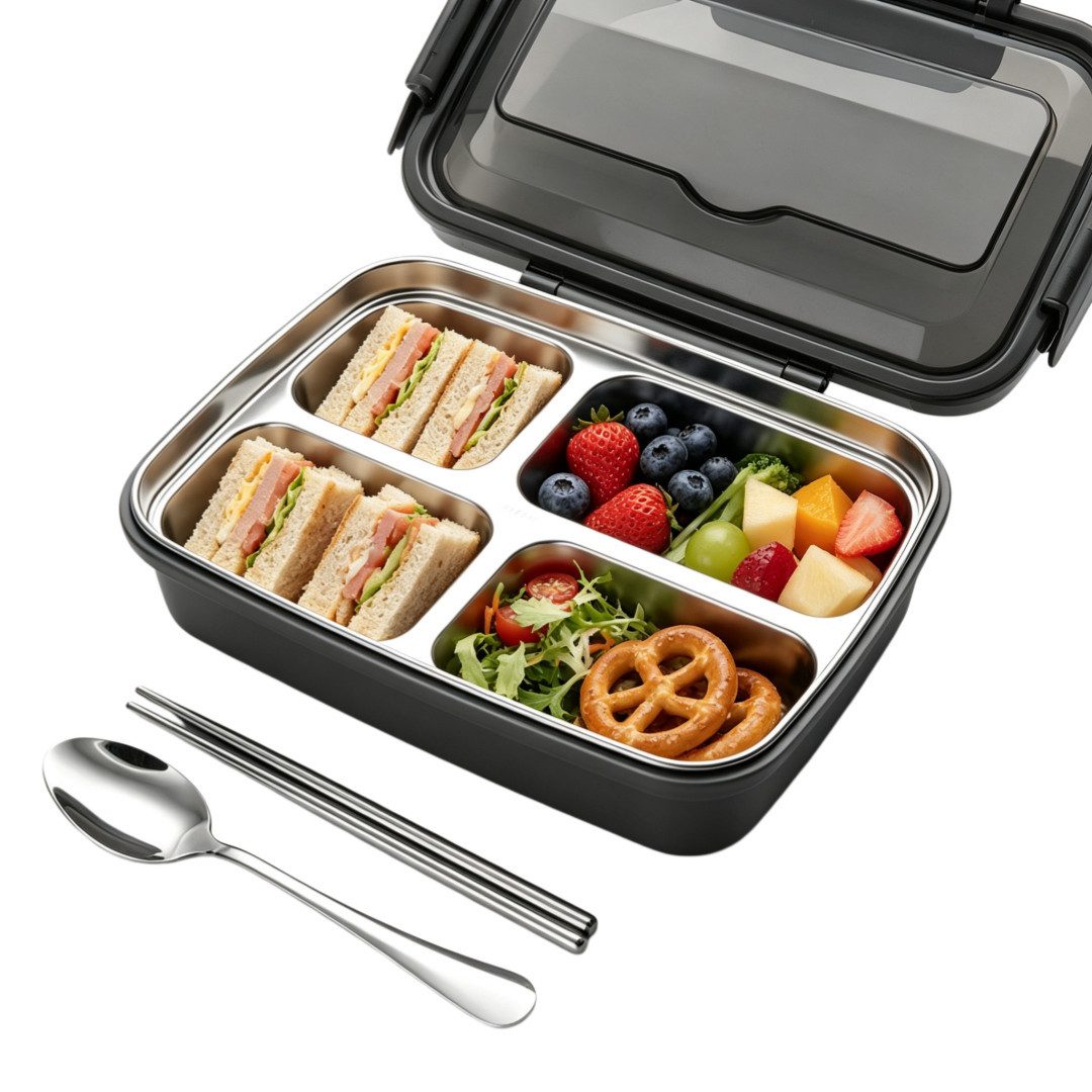 FOUORTUNATE-BEE Lunchbox Brotdose 500 ml, 4 Fächer, Edelstahl Lunchbox, auslaufsicher, Bento, Bento Box für Schule Büro Picknick Snackbox mit transparentem Deckel