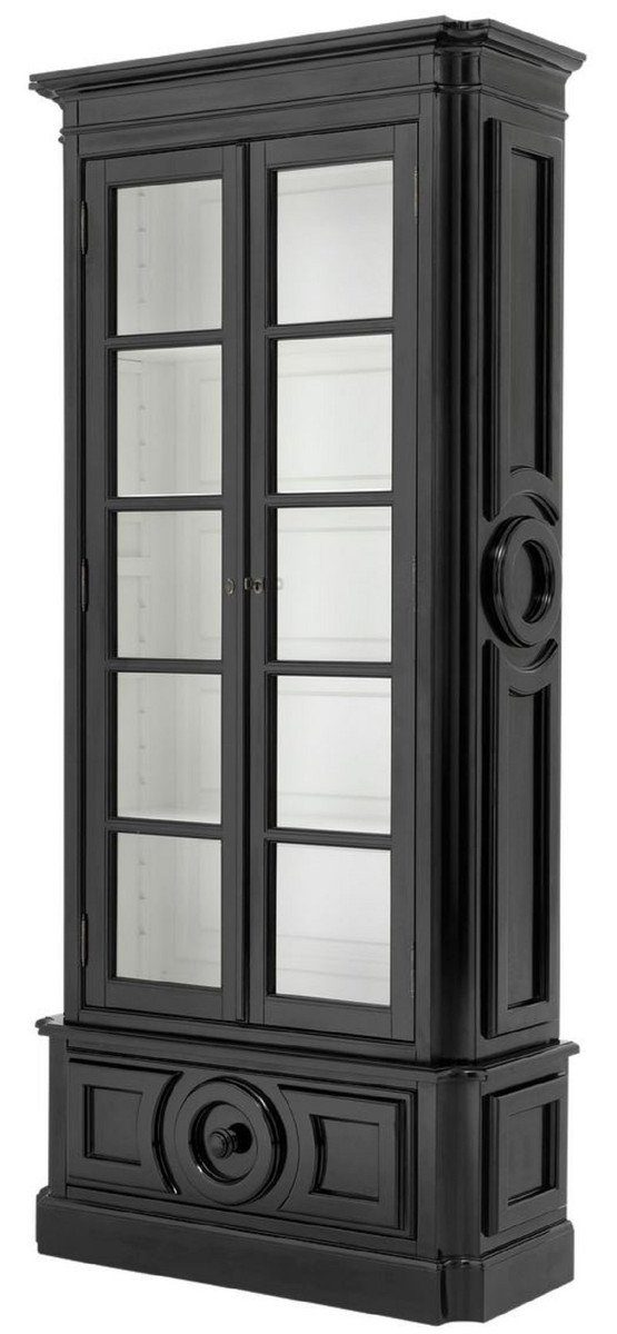 Casa Padrino Vitrine Luxus Vitrine Schwarz / Weiß 113 x 46 x H. 240 cm - Massivholz Vitrinenschrank - Wohnzimmerschrank mit 2 Glastüren und Schublade - Luxus Qualität