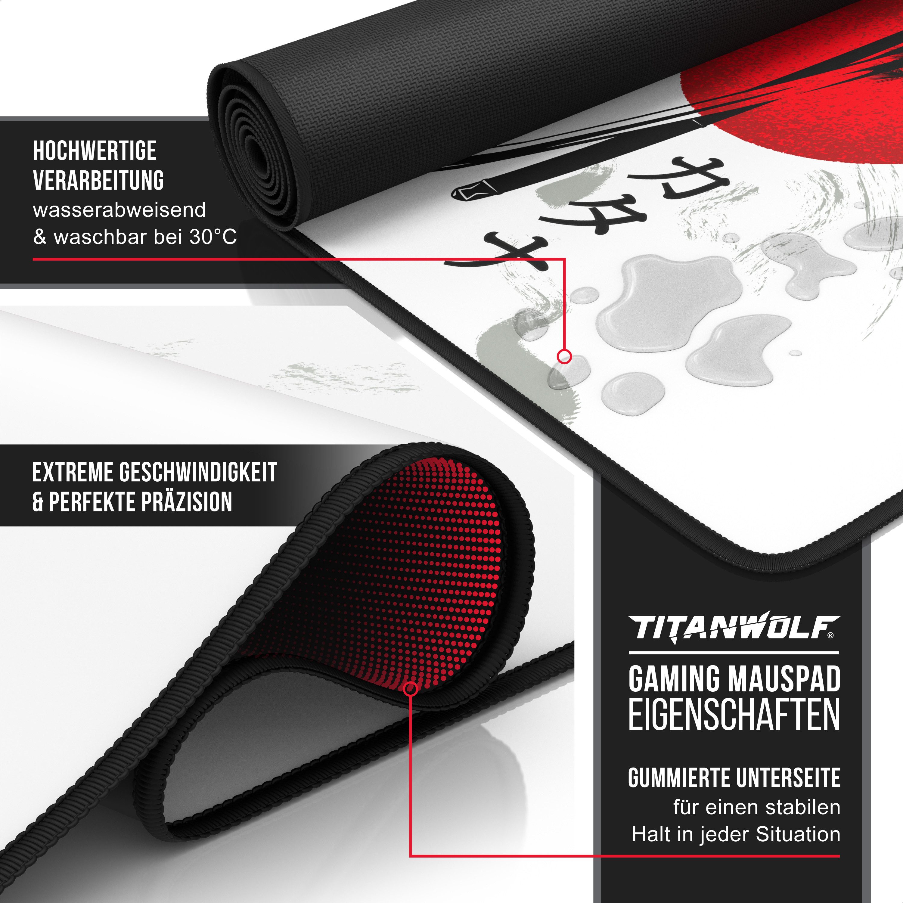 Titanwolf Gaming Mauspad XXL Speed Mousepad 900 x 400 x 3 mm, Schreibtischauflage, abwaschbar, rutschfeste Rückseite, Geschwindigkeit & Präzision, Japan Ink Swords