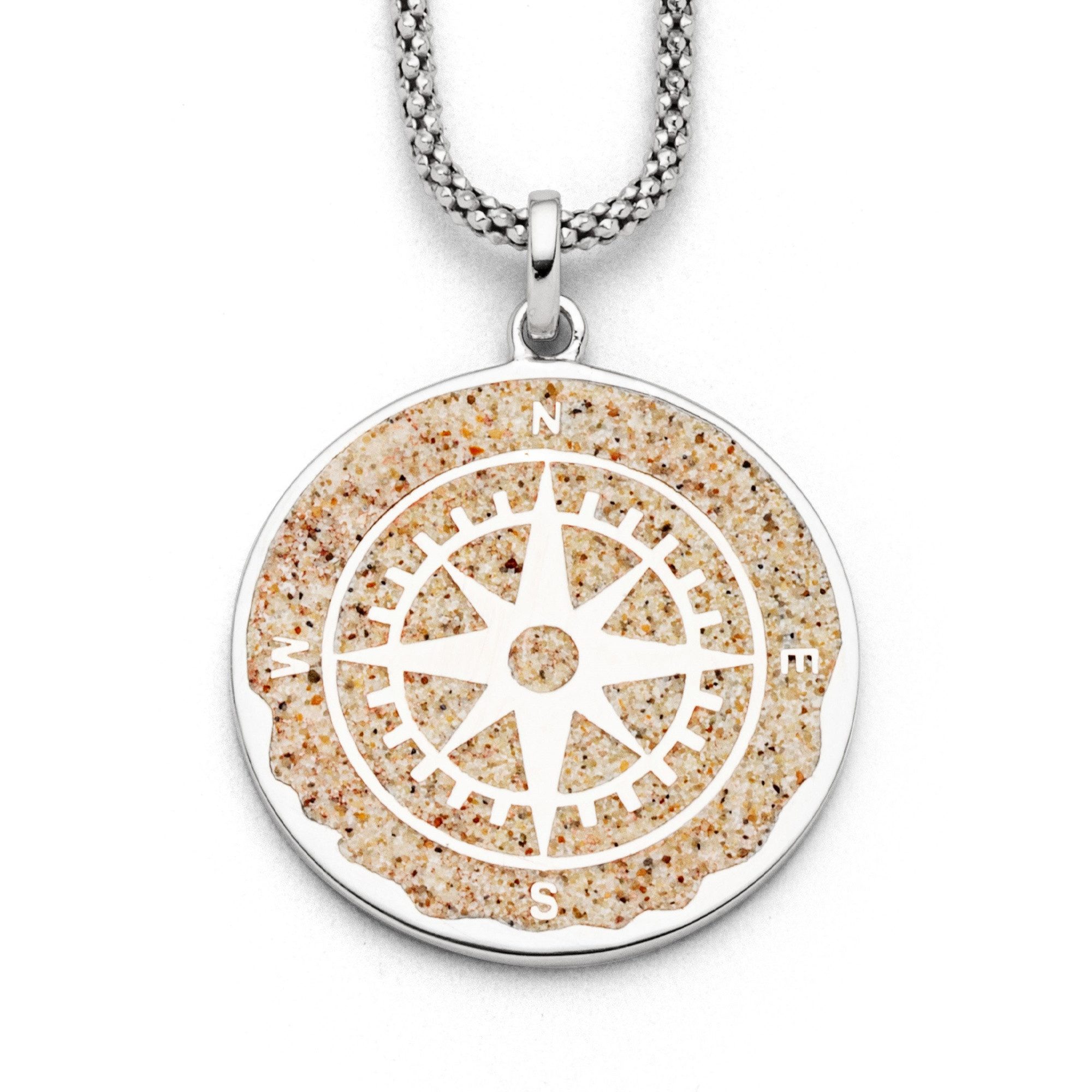DUR Kettenanhänger Kompassrose P3202, Ø 25 mm – Maritimer Anhänger aus 925er Silber, mit Strandsand – Symbolschmuck für Orientierung & Freiheit