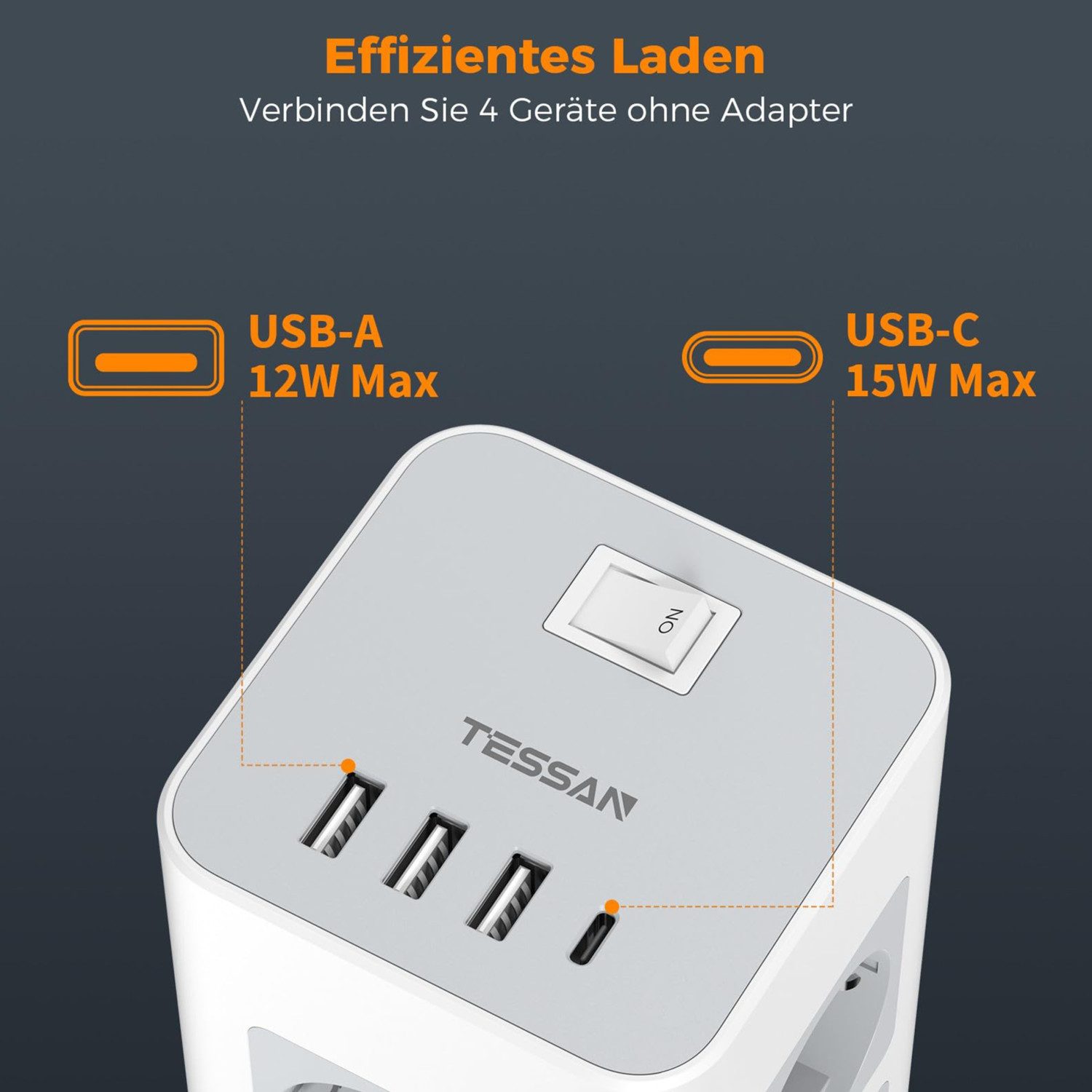 TESSAN 8 Fach Mehrfachsteckdose 4 USB Steckdosenleiste Kabel 2m Mehrfachsteckdose (Ein- / Ausschalter, USB-Anschlüsse, Schutzkontaktkupplung, Überspannungsschutz, Kabellänge 2 m)