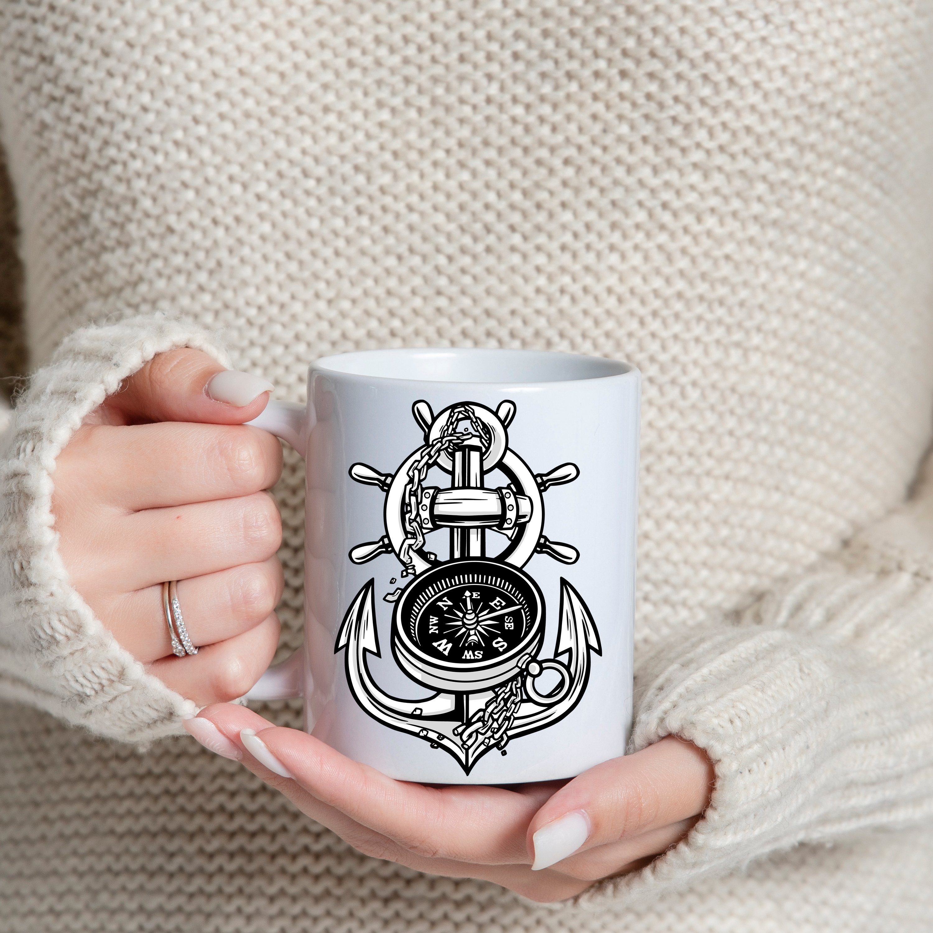 Youth Designz mit Print Weiß Keramik, Anker Kompass Tasse lustigem Kaffeetasse Geschenk