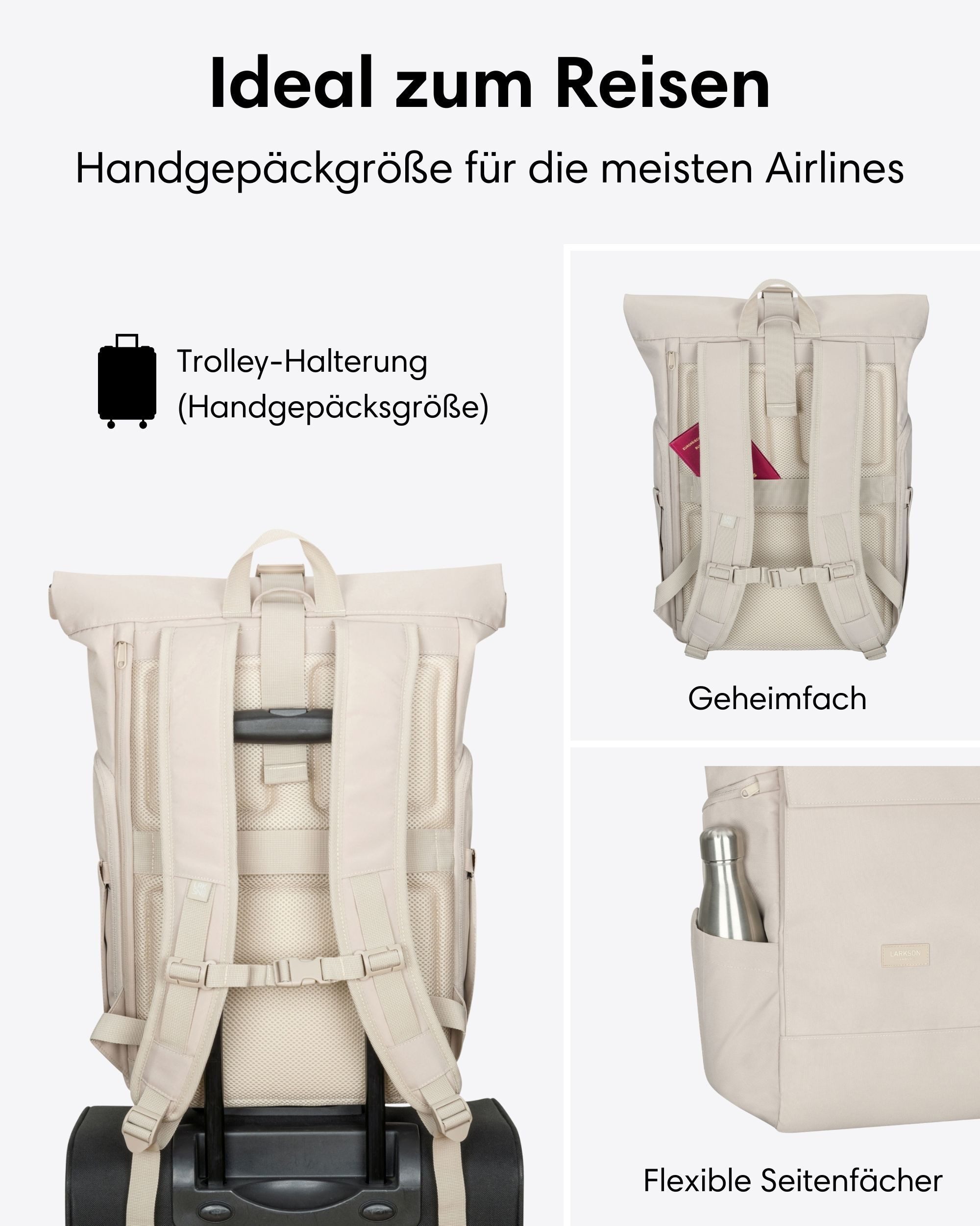 LARKSON Cityrucksack No 4 Large Rolltop Rucksack für Damen und Herren (1-tlg), Geräumiger Rolltop Rucksack für Reisen, Wasserabweisend
