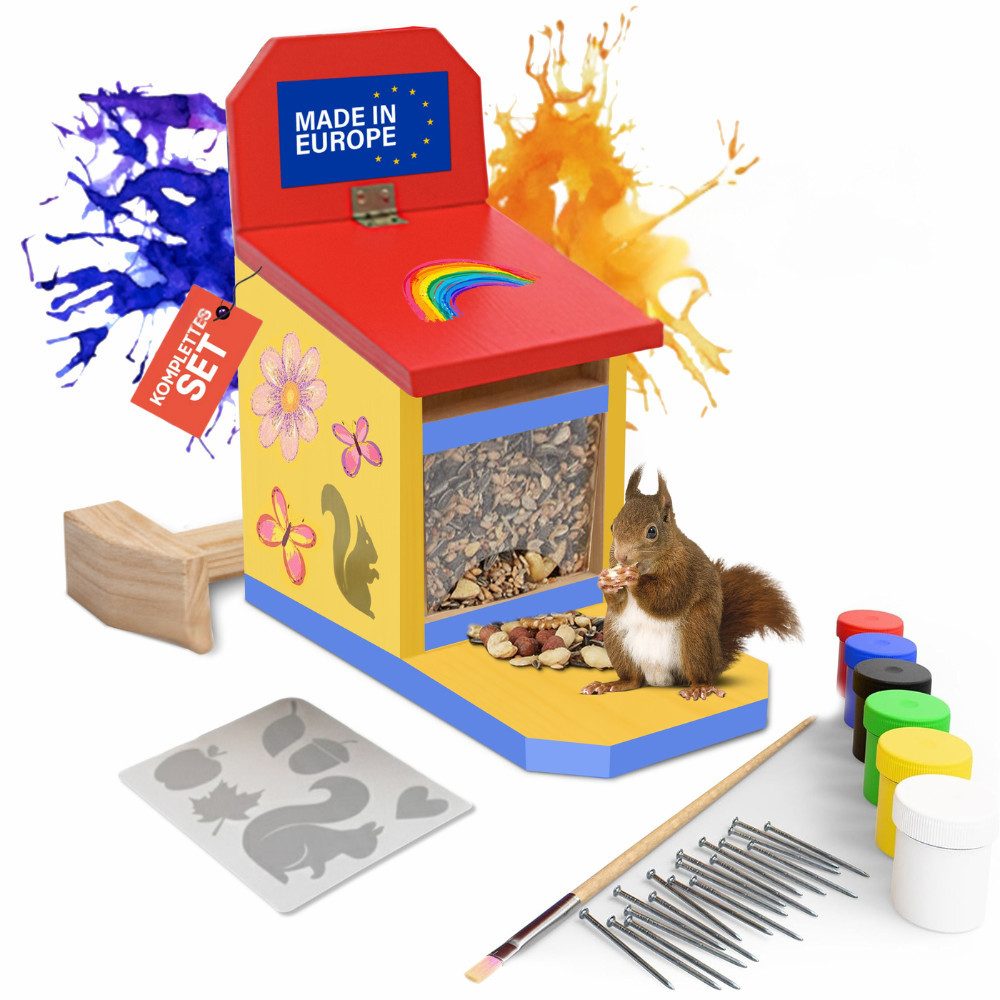 Eli Eichhörnchenkobel Futterhaus - Bausatz für Kinder zum bemalen inkl. Vorlagen, 6 Farben - Pinsel, Holzhammer - Nägel - kreative Schablone