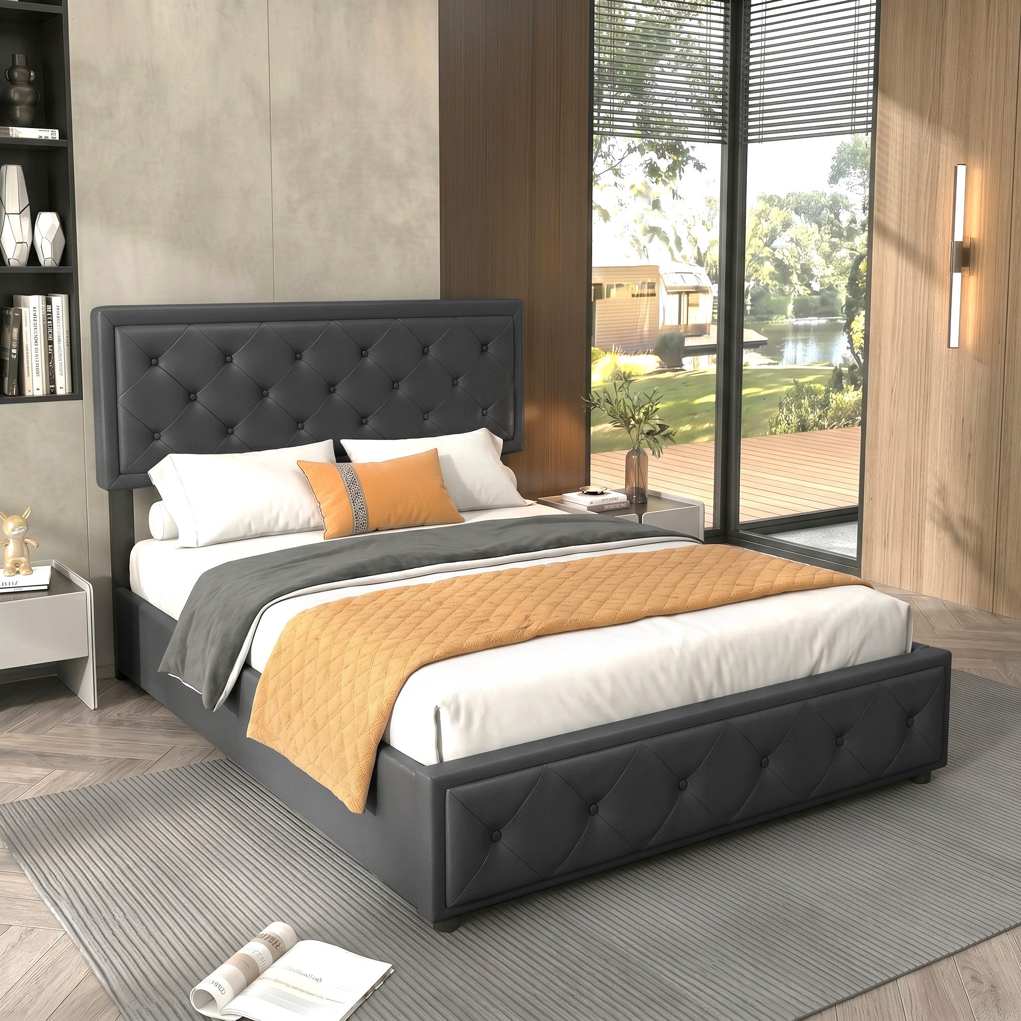 oyajia Polsterbett Doppelbett 140x200cm mit Kopfteil und Hydraulischem Stauraum Bett (Doppelbett mit Kopfteil und Lattenrost), Schlafzimmer Bett mit Bettkasten,Bett mit Stauraum, Jugendbett