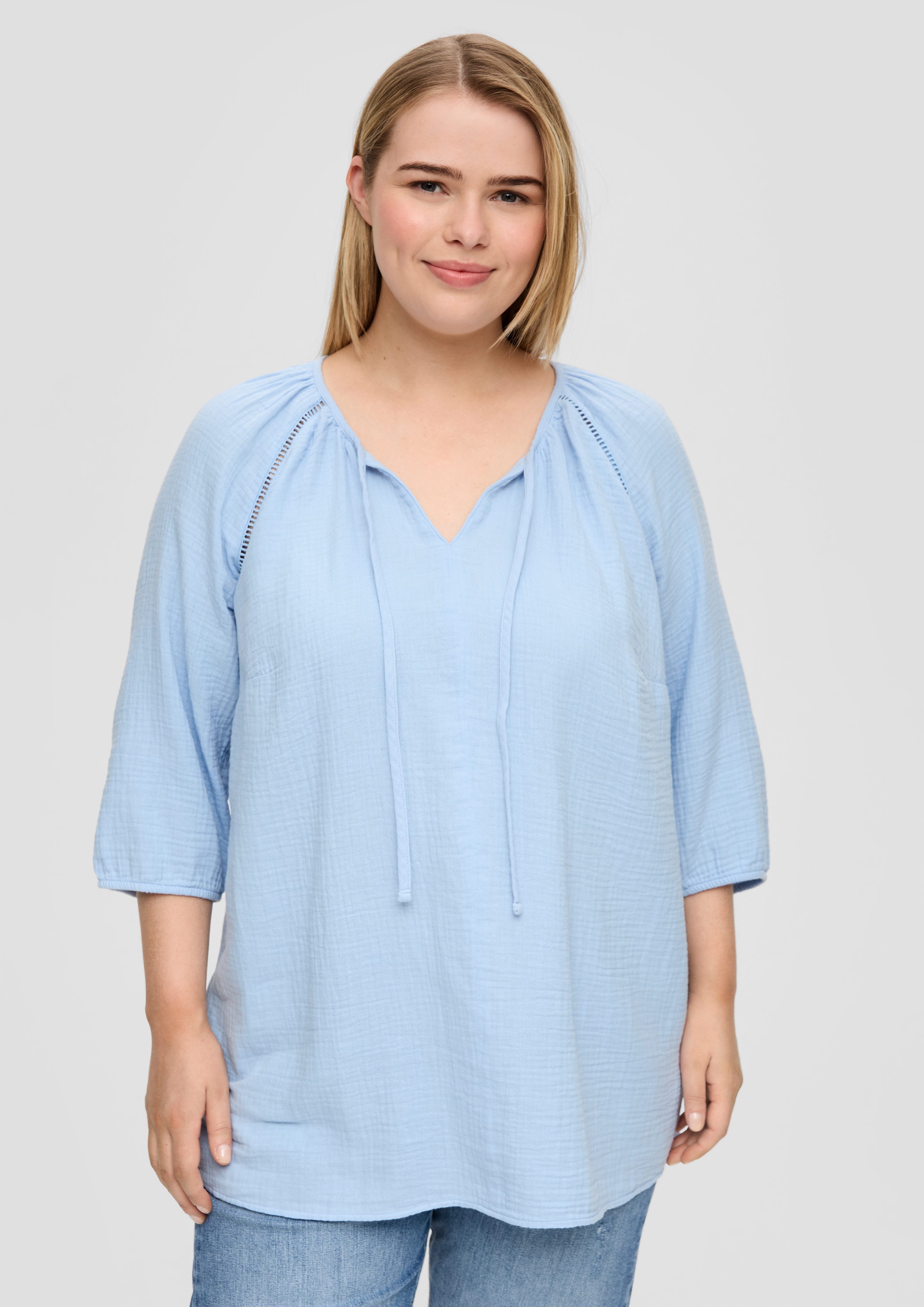 Langarmbluse Baumwoll-Bluse mit Raffung und Rundhals-Ausschnitt