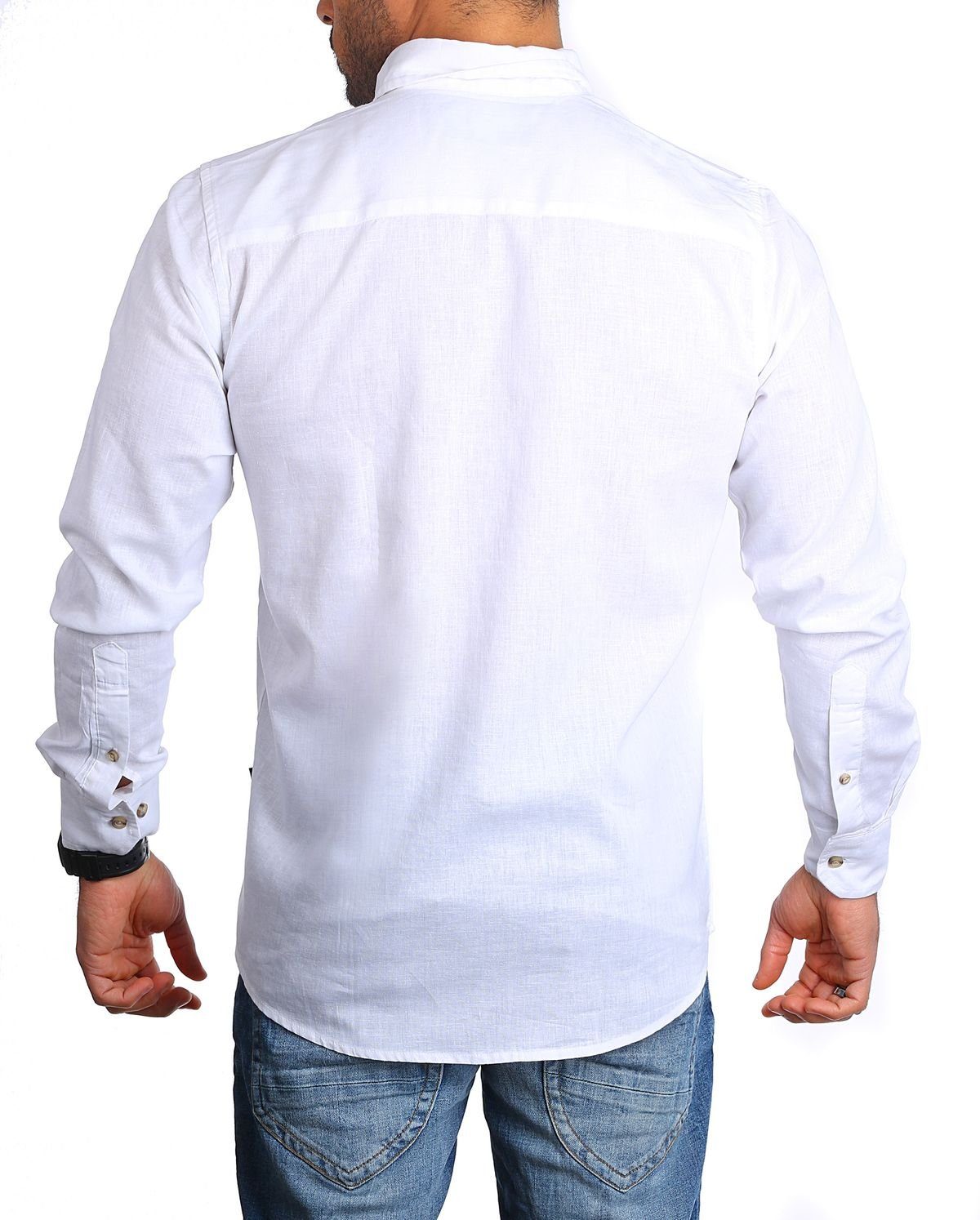 CARISMA Langarmhemd Herren Leinen Baumwoll Button-Down-Kragen Hemd Langarm Uni Regular 8529 Weiß Mix Casual