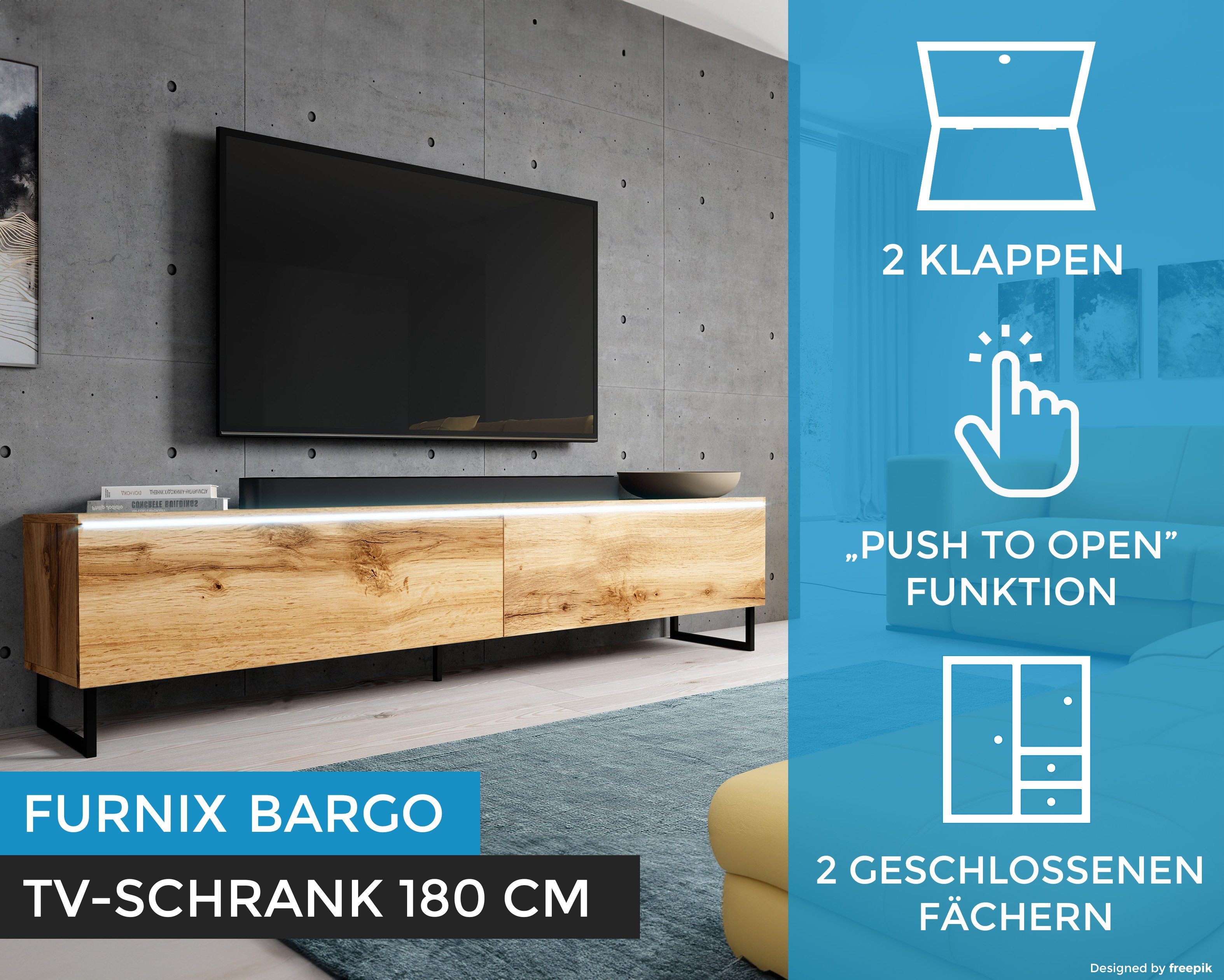 Furnix H34 T32 x Wotan BARGO TV-Schrank LED, OHNE B180 cm TV-Board x mit Metallfüßen