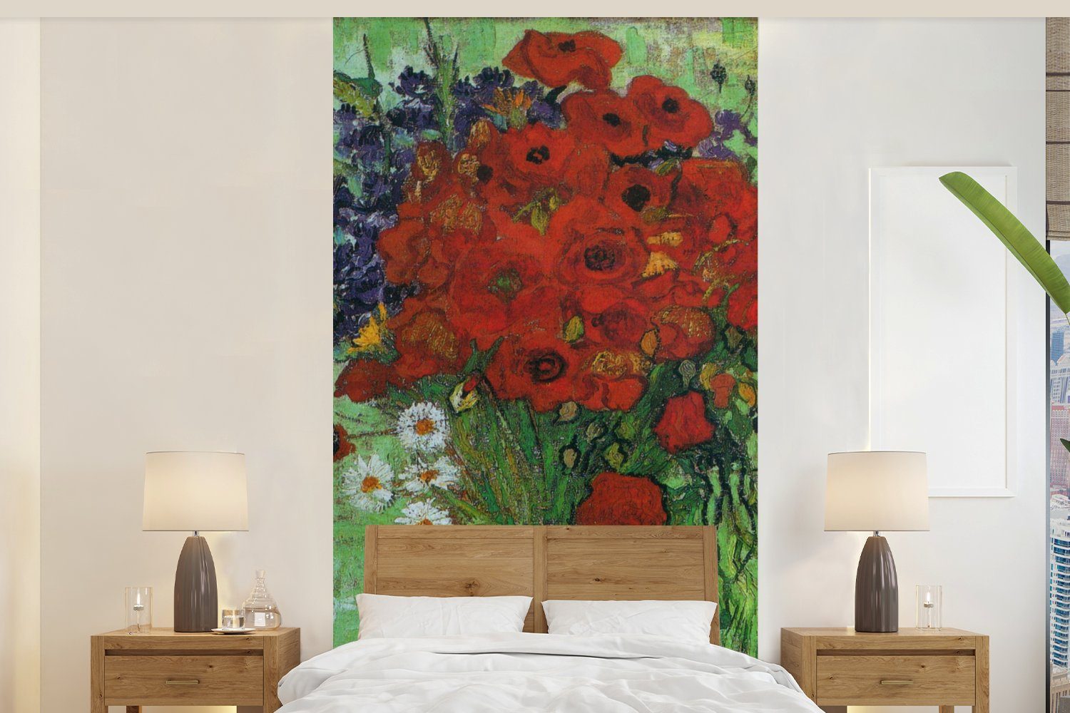 (2 und Schlafzimmer für Gogh, St), bedruckt, Fototapete Matt, Vase roten Vliestapete - Wohnzimmer Vincent Küche, Mohnblumen MuchoWow Fototapete van Gänseblümchen mit