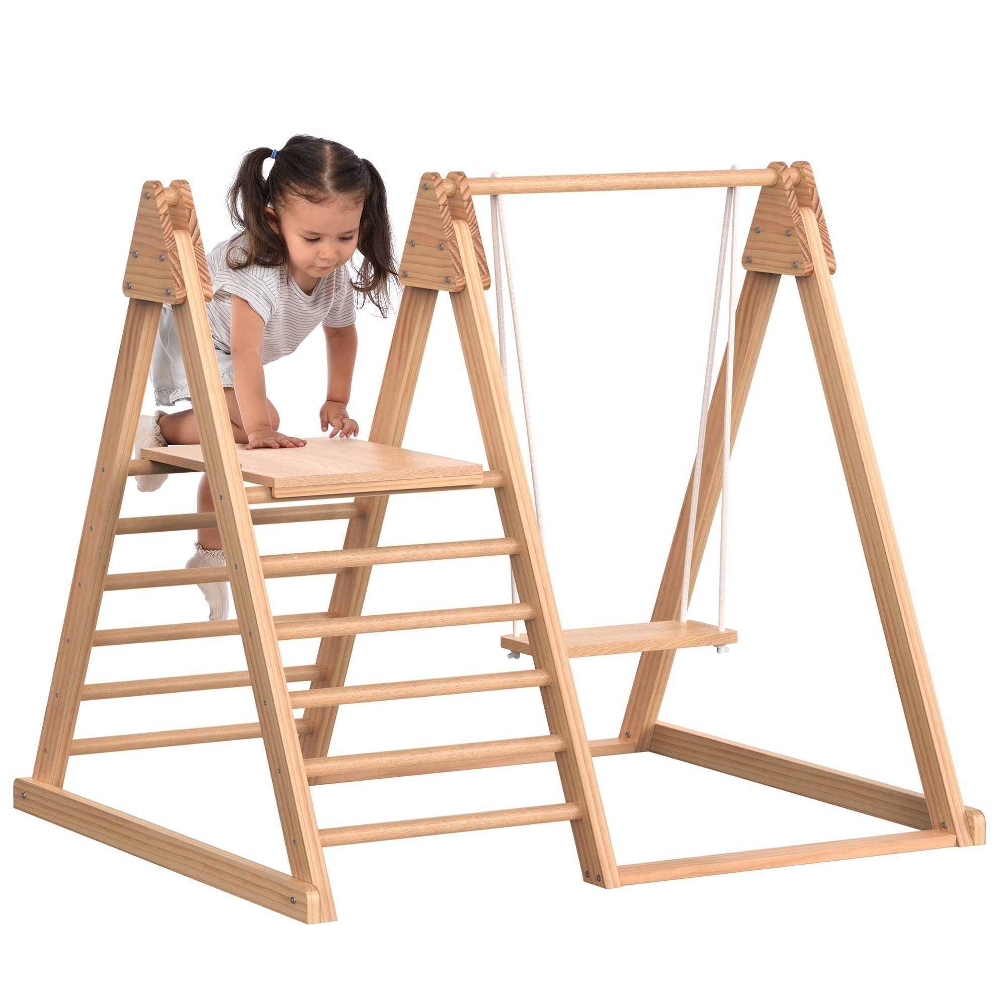 Sweiko Klettergerüst, (3 in 1 Kinderspielzeug mit Klettergerüst, Schaukel  und Rutsche), Kletterdreick Indoor, Sprossendreick, Kletterwand, aus Holz