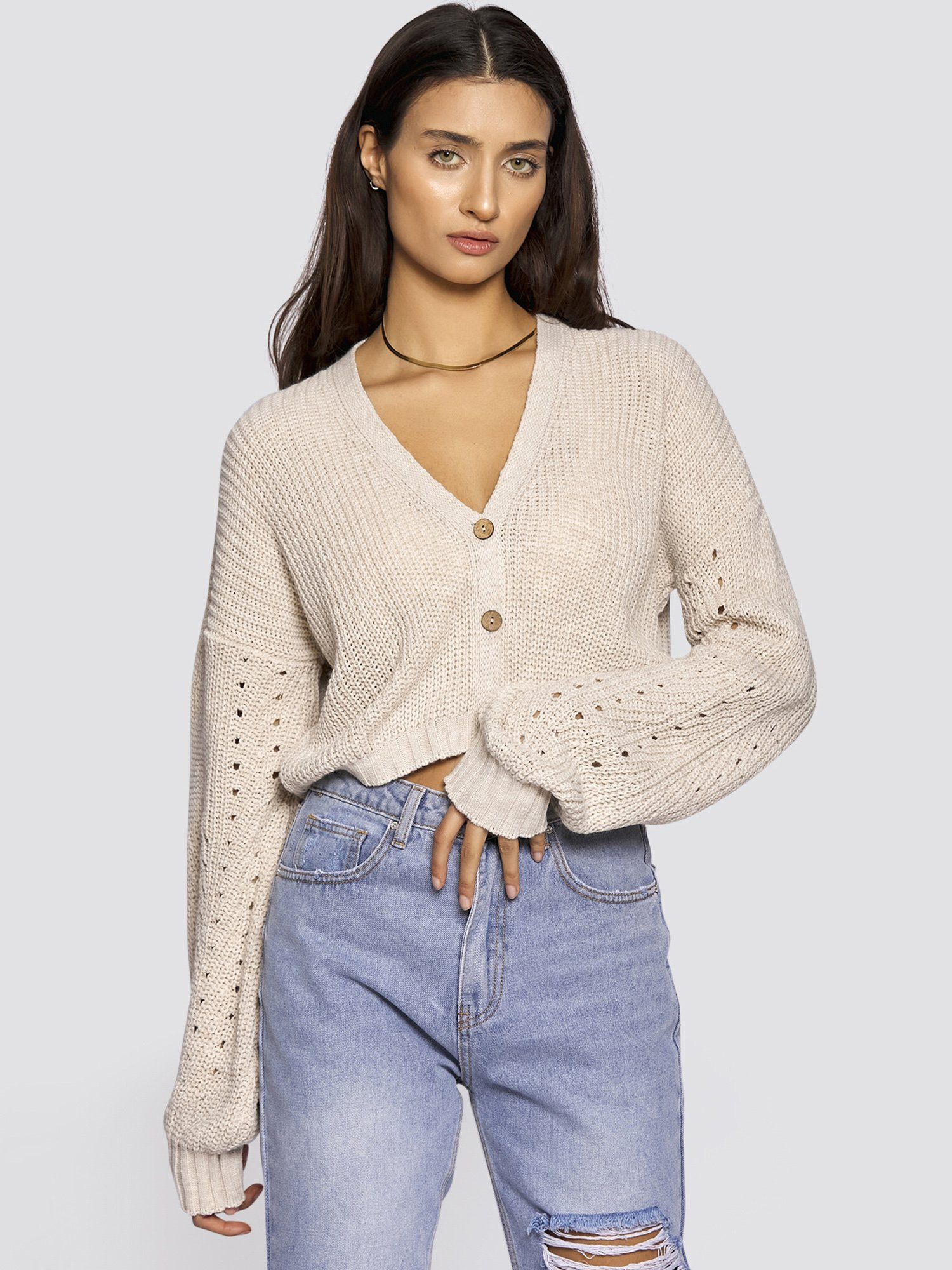 Freshlions Cardigan Crop Cardigan mit Knopfleiste in beige - S