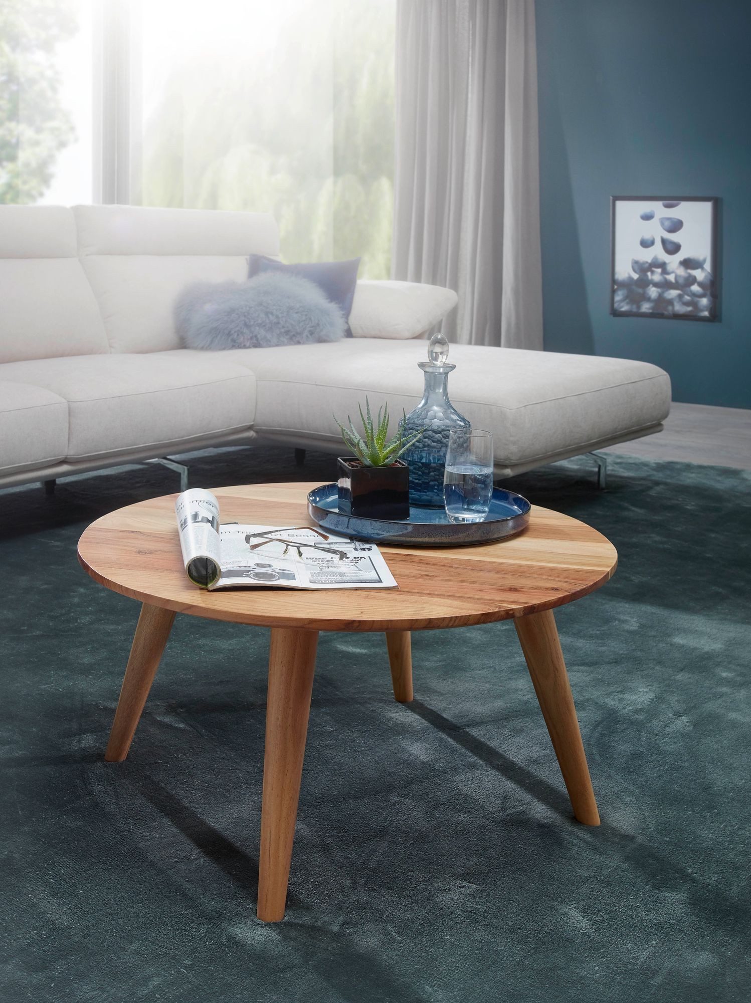 Wohnling Couchtisch WL1.844 BOHA Massivholz Akazie Wohnzimmertisch rund Ø75 x 40 cm Lan (Massivholz Akazie Rund Ø 75 x 40 cm, Holztisch), Kleiner Wohnzimmertisch, Sofatisch Kaffeetisch