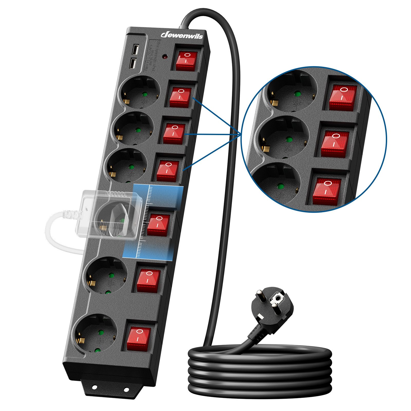 DEWENWILS Steckdosenleiste 6-fach (einzeln schaltbar, USB-Anschlüsse, Kindersicherung, Überspannungsschutz, Kabellänge 3 m), Mehrfachsteckdose mit USB, 16A/3680W