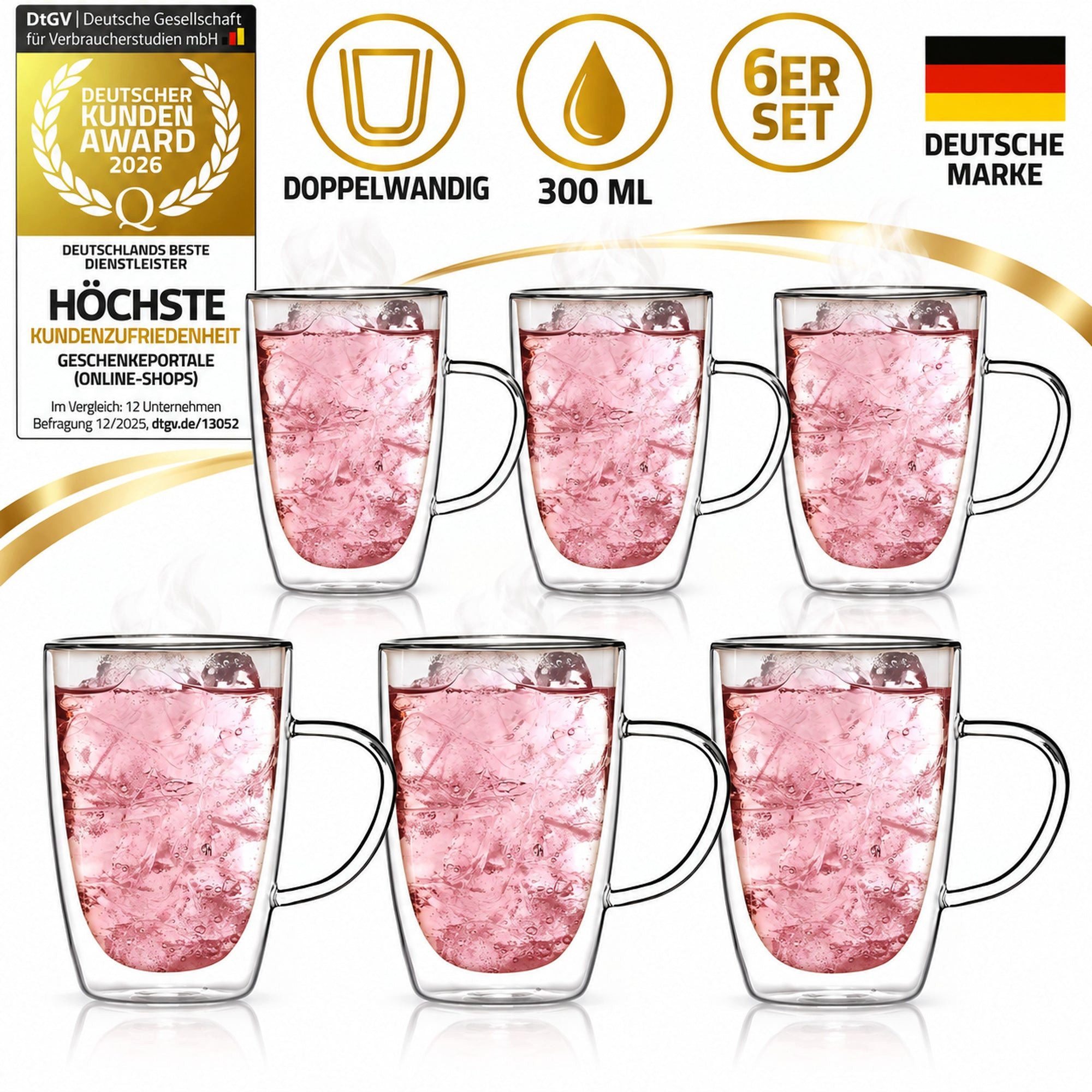 Dimono Tasse Dimono Doppelwandglas 300 ml – Trinkglas mit Griff aus Borosilikatglas, 6-tlg., Borosilikatglas, Wasser- Longdrink- & Cocktailgläser