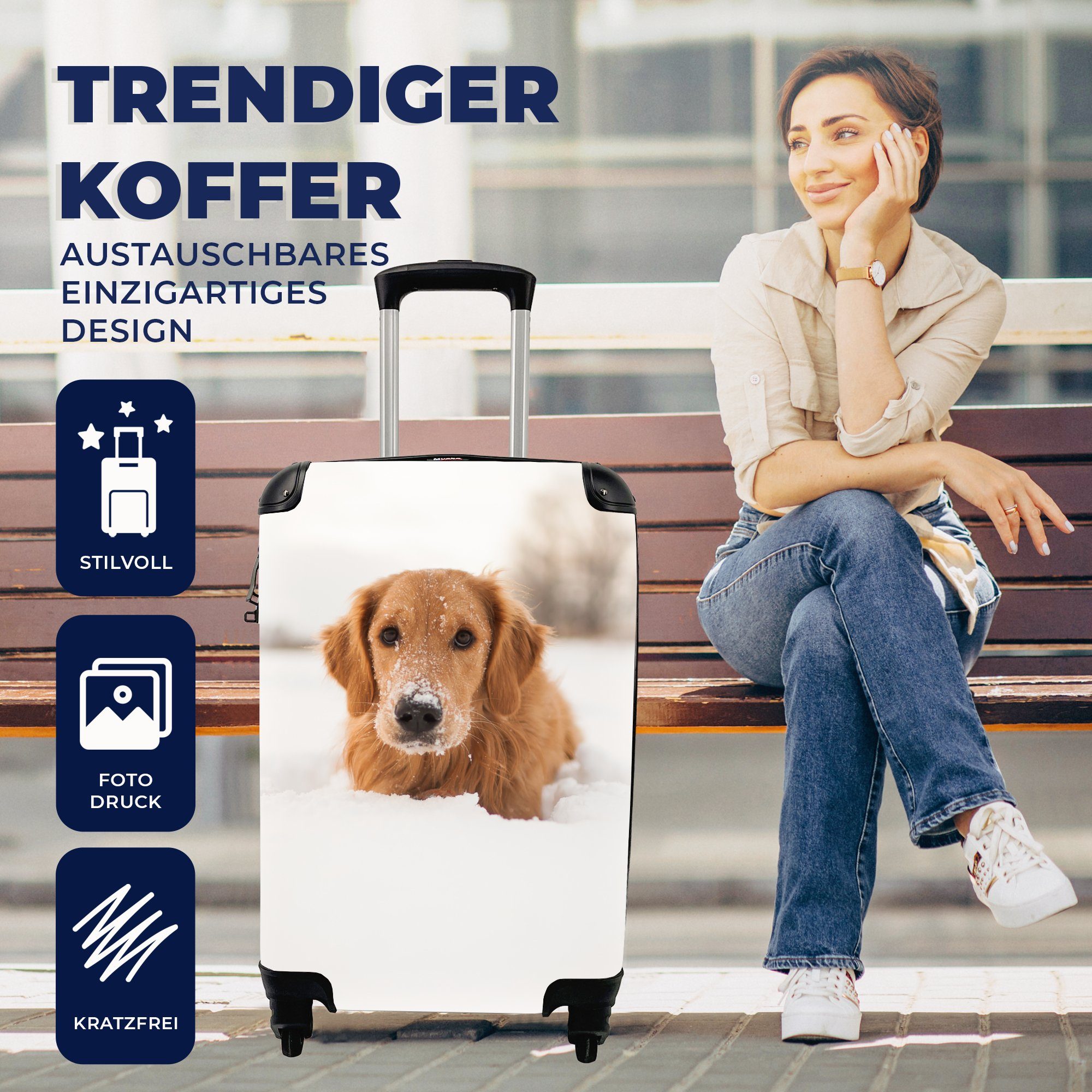 MuchoWow Handgepäckkoffer Ferien, Trolley, Hund Schnee 4 Reisekoffer rollen, Winter, für Handgepäck mit - - Reisetasche Rollen