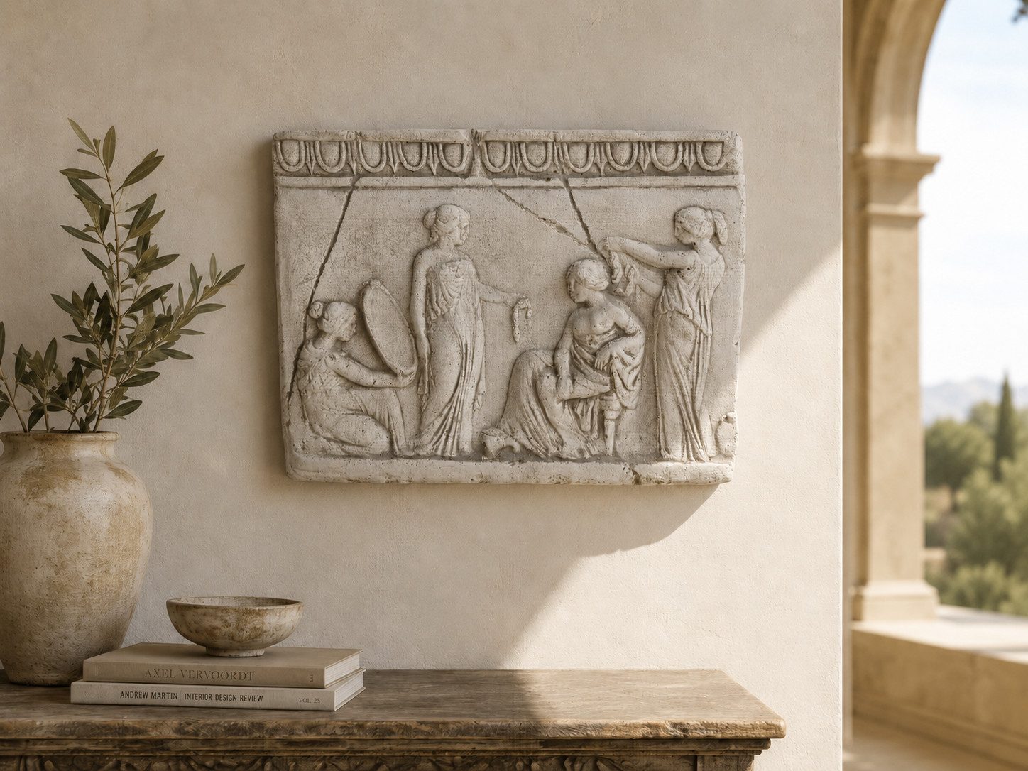 JVmoebel Dekofigur Antikes Relief Wandbild Griechische Szene Steinoptik 43 cm Sofort (Einzelartikel, 1 St., 1-teilig), Detailreiche Reliefstruktur