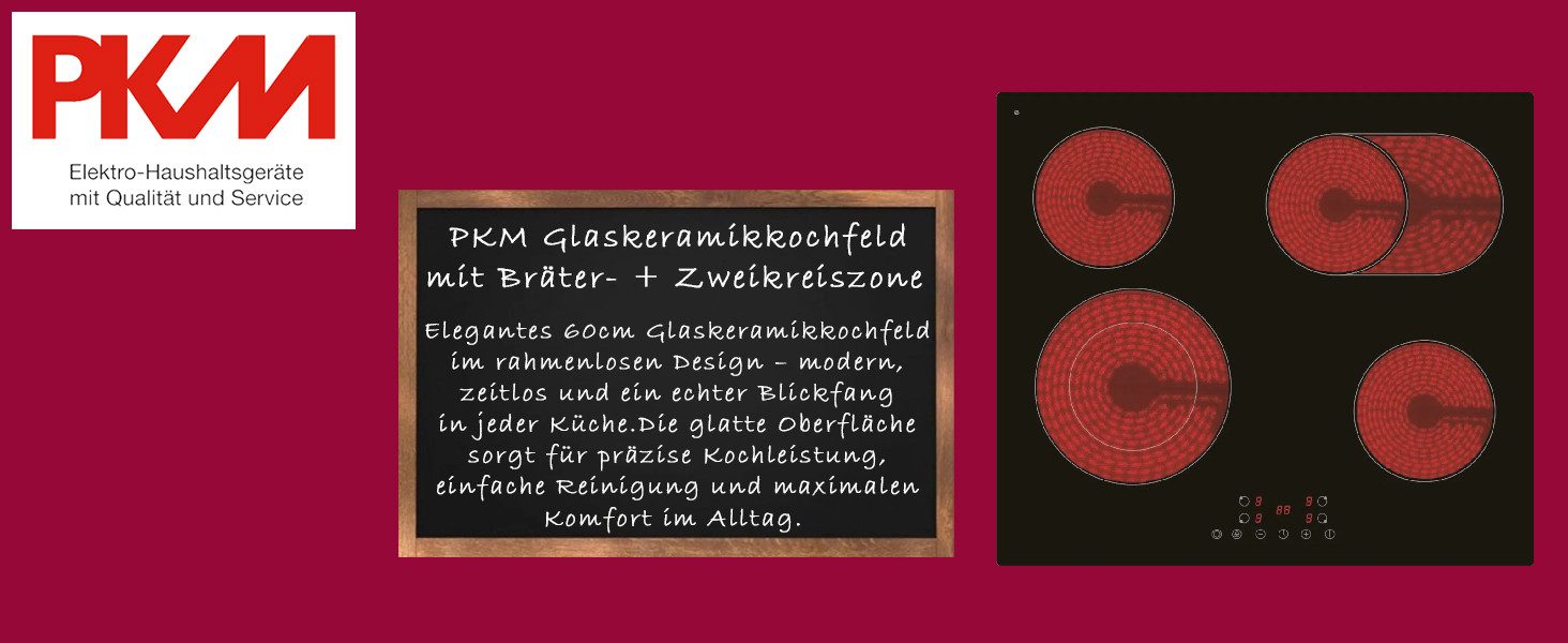 PKM Elektro-Kochfeld KF4 2KB, Touch-Control-Bedienung, Zweikreiszone, Bräterzone