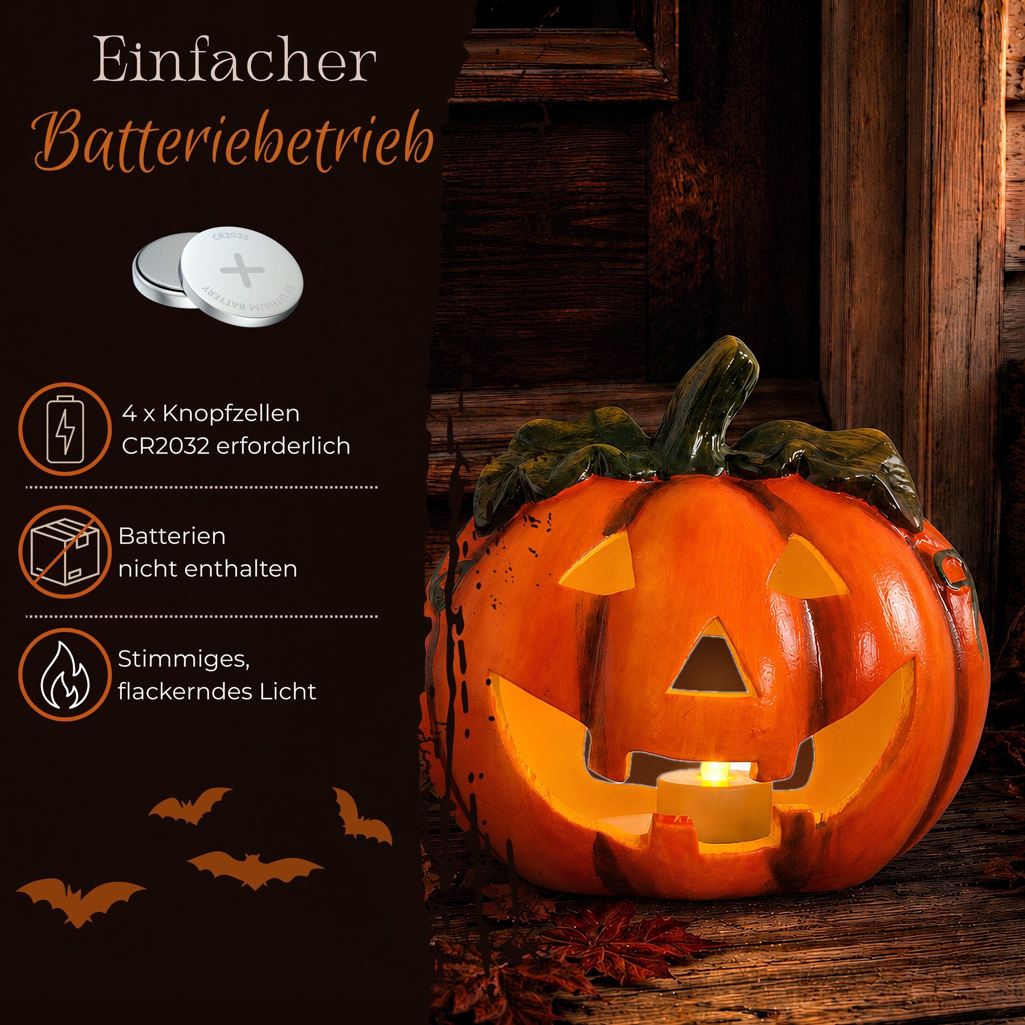 matches21 HOME & HOBBY Dekofigur Kürbis-Laterne als LED Halloween-Deko Windlicht in 17x18 cm, Gruseliger Jack-O-Lantern Deko-Kürbis als innen außen Herbst-Deko – Bild 3 von 5