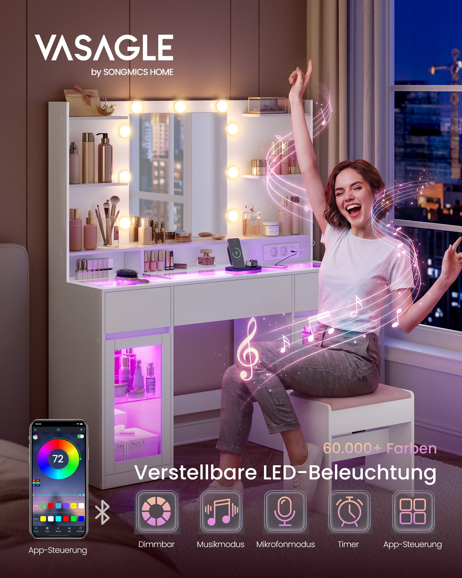 VASAGLE Schminktisch mit Spiegel, RGB-Beleuchtung und Steckdose, 107 x 40 x 144,5 cm (1 Tisch), Holzspanplatte und Glas, mit 2 Schränken, Weiß, für Schlafzimmer