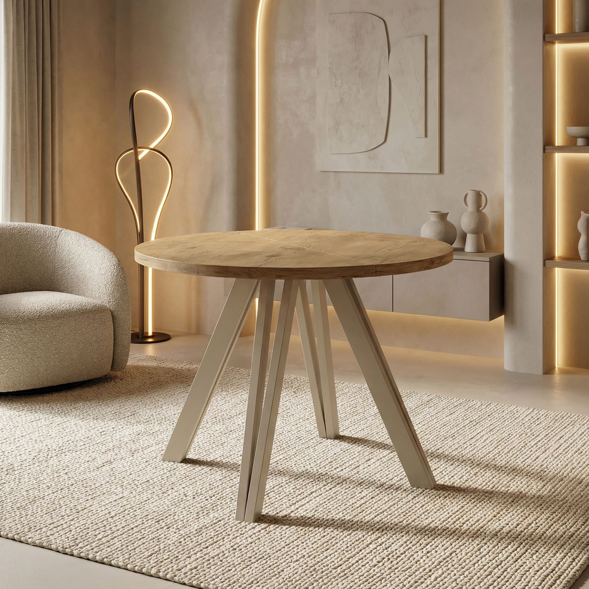 WFL GROUP Esstisch Ravano ausziehbar rund modern mit Holzbeinen in Kaschmir (MADE IN EU, drei Größen – 100 cm, ausziehbar auf 140/180 cm), platzsparender Tisch für kleine Küche, Esszimmer oder Wohnzimmer